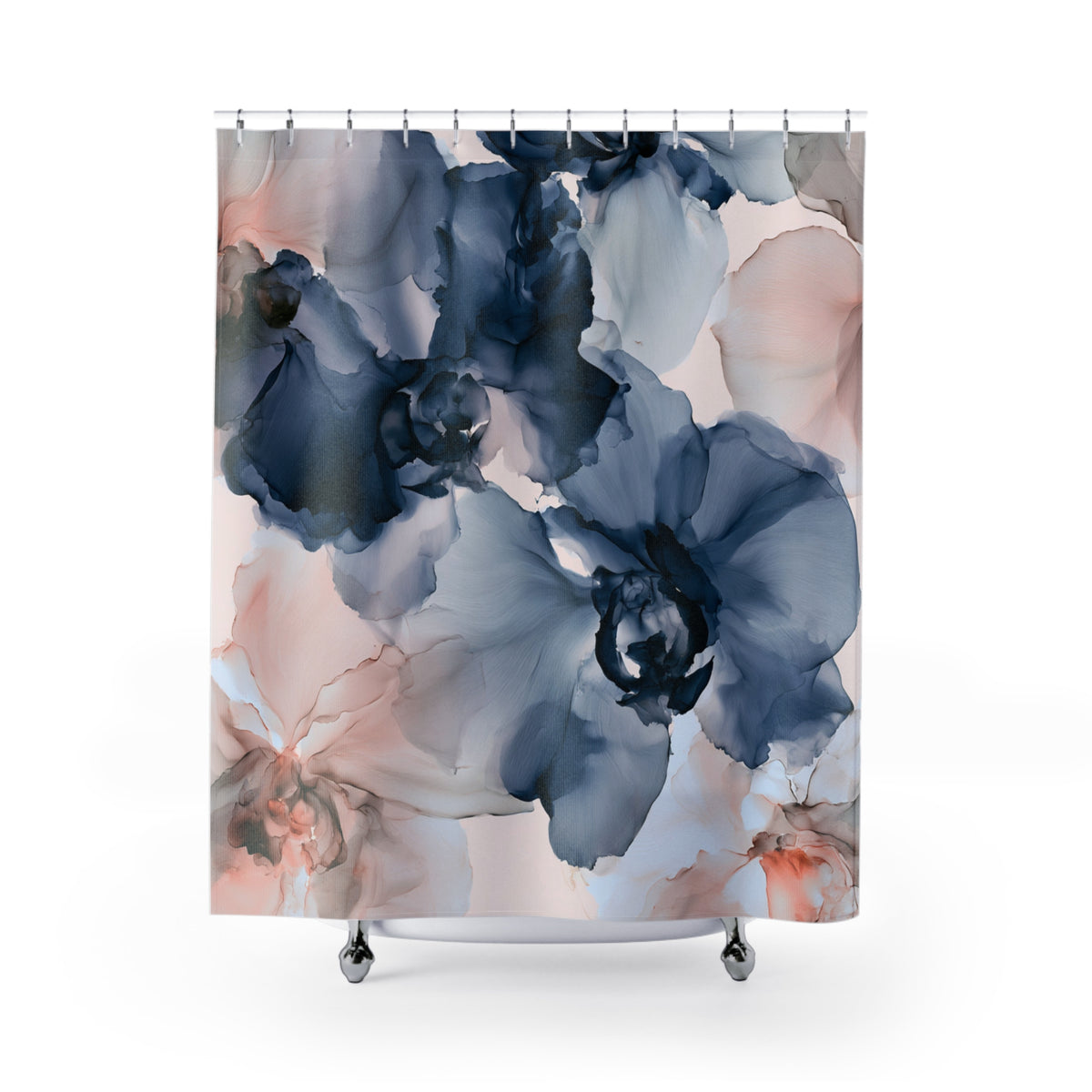 a shower curtain with blue and pink flowers on it