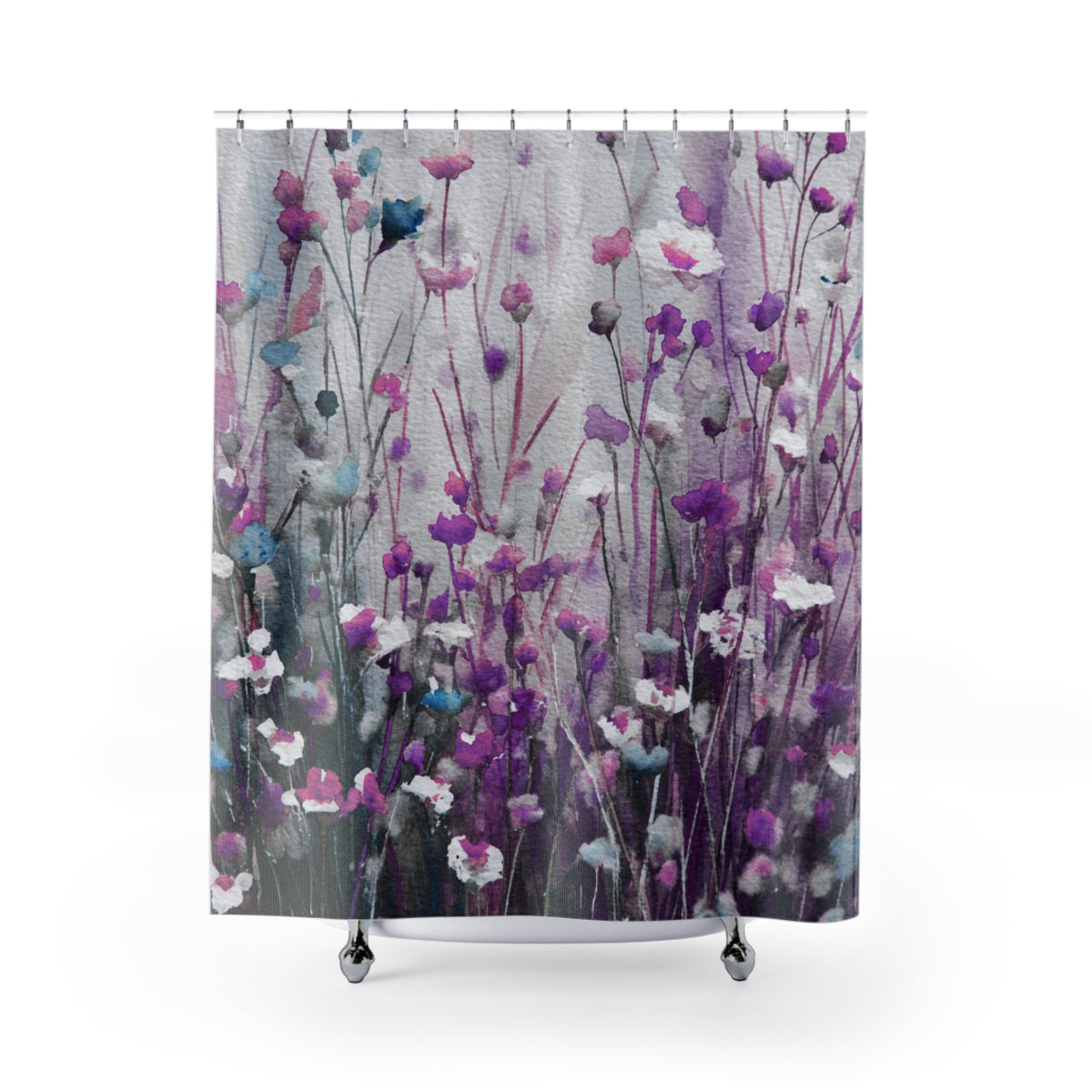 a shower curtain with a floral pattern of purple and white flowers.