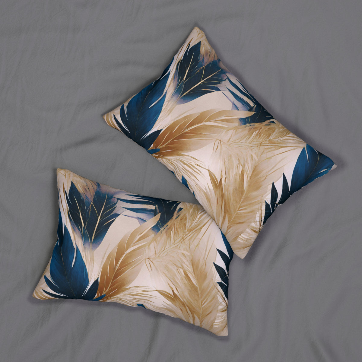 Navy Blue and Beige Palm Leaf Lumbar Pillow