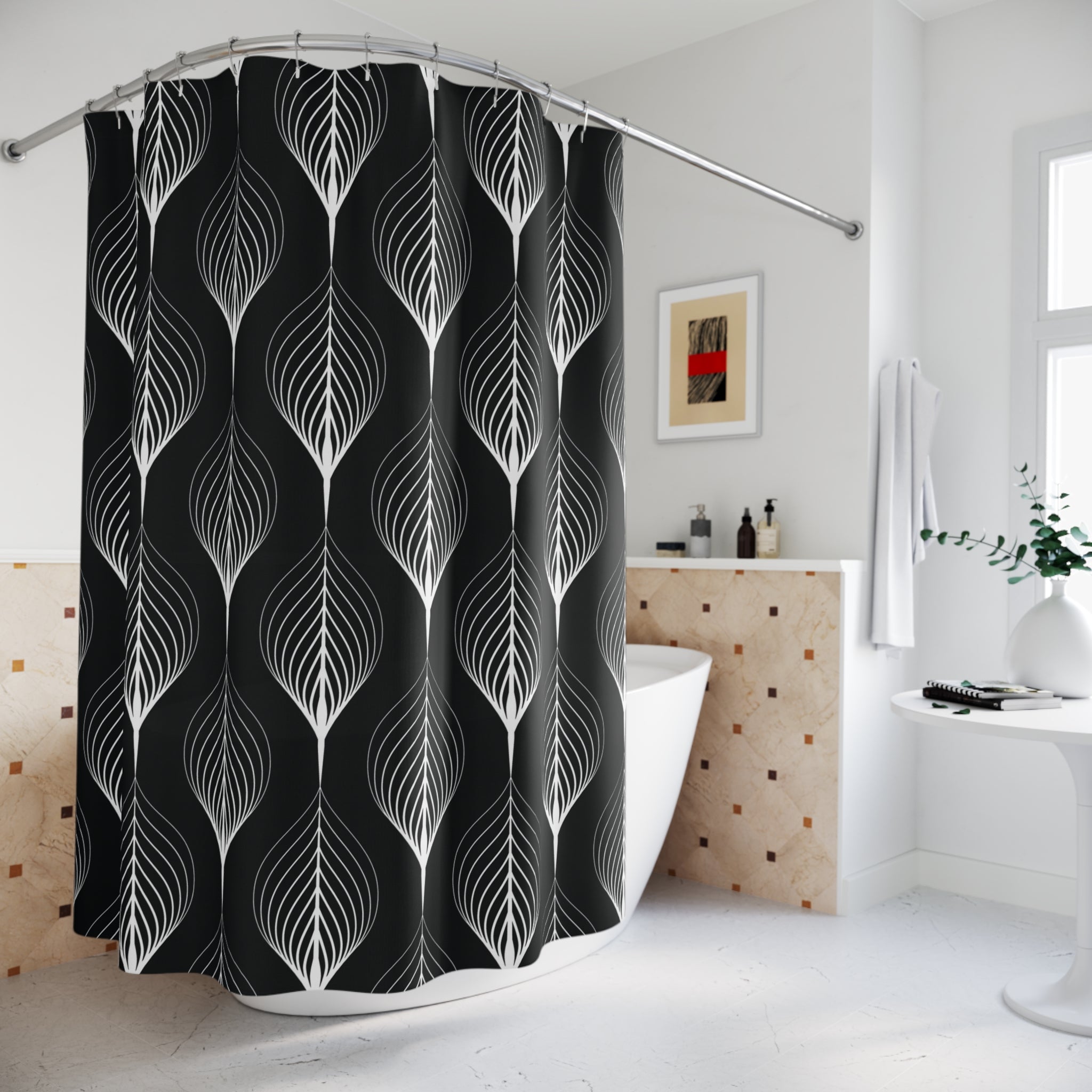 Art Deco Shower Curtain | Black White Leaves Bathroom Decor