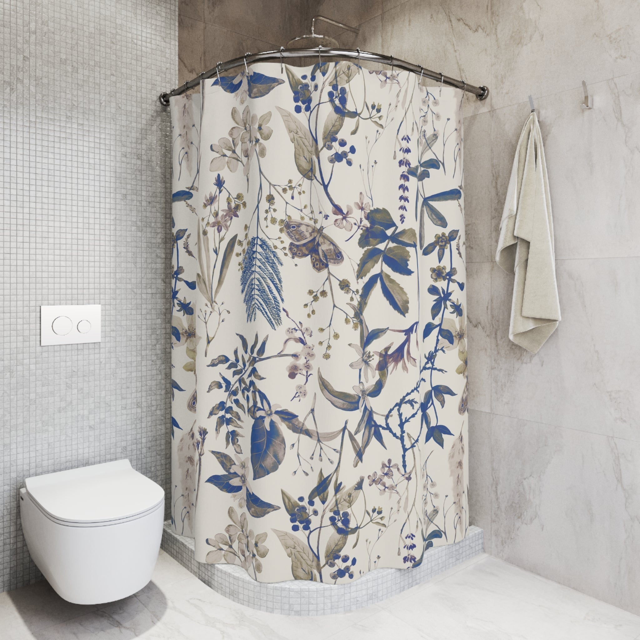 Vintage Blue and Purple Floral Shower Curtain with Butterflies