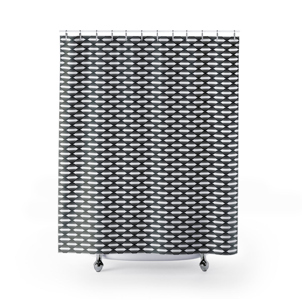a shower curtain with a black and white geometric pattern.