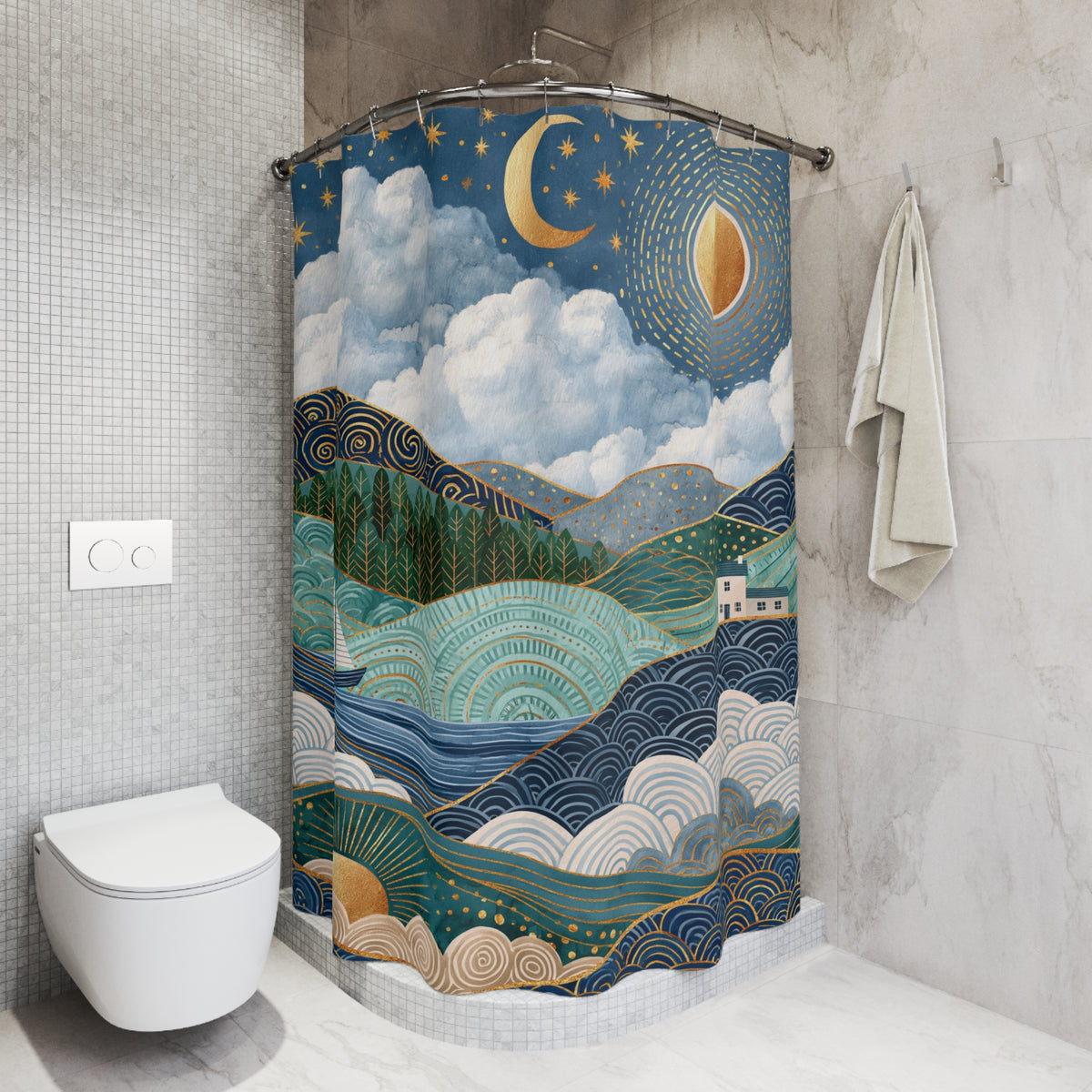 a bathroom with a shower curtain that depicts a night sky with a crescent moon, stars, and a sunrise or sunset landscape.
