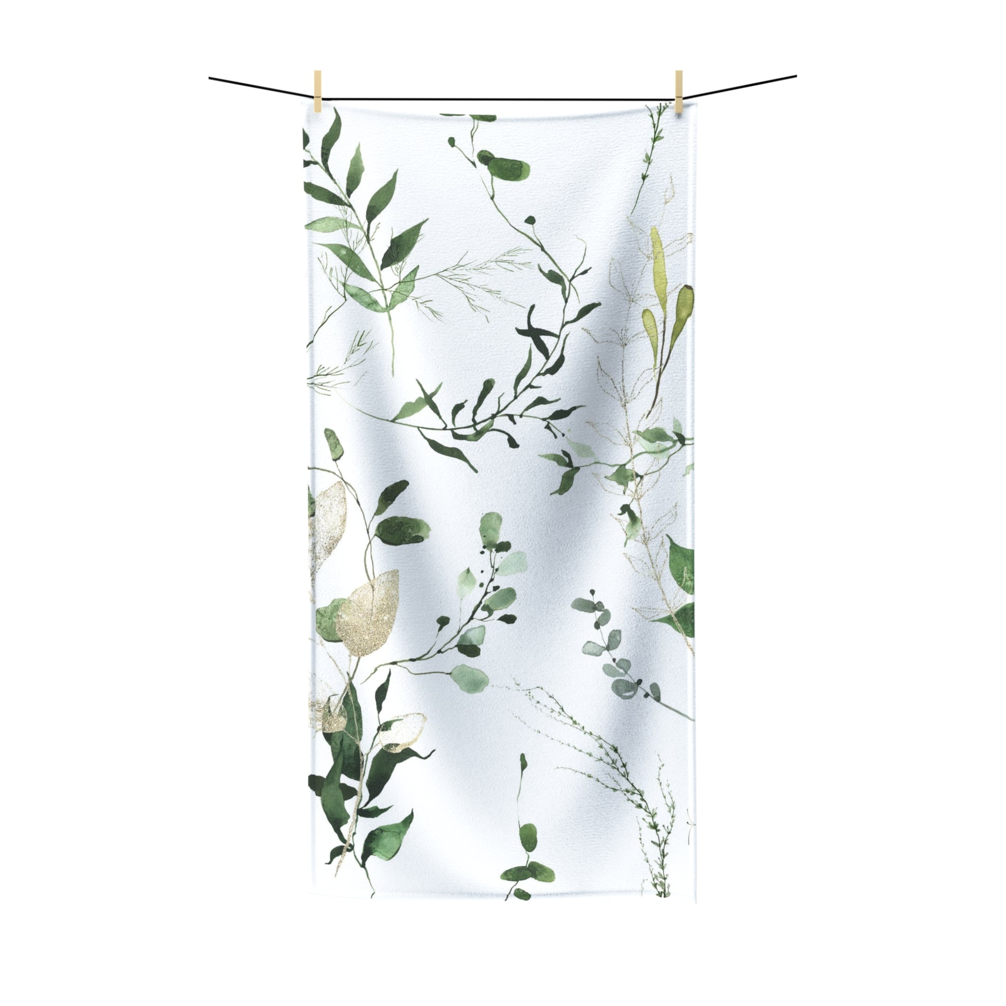 Floral Boho Bath Beach Towel | Watercolor White Forest Green Leaves