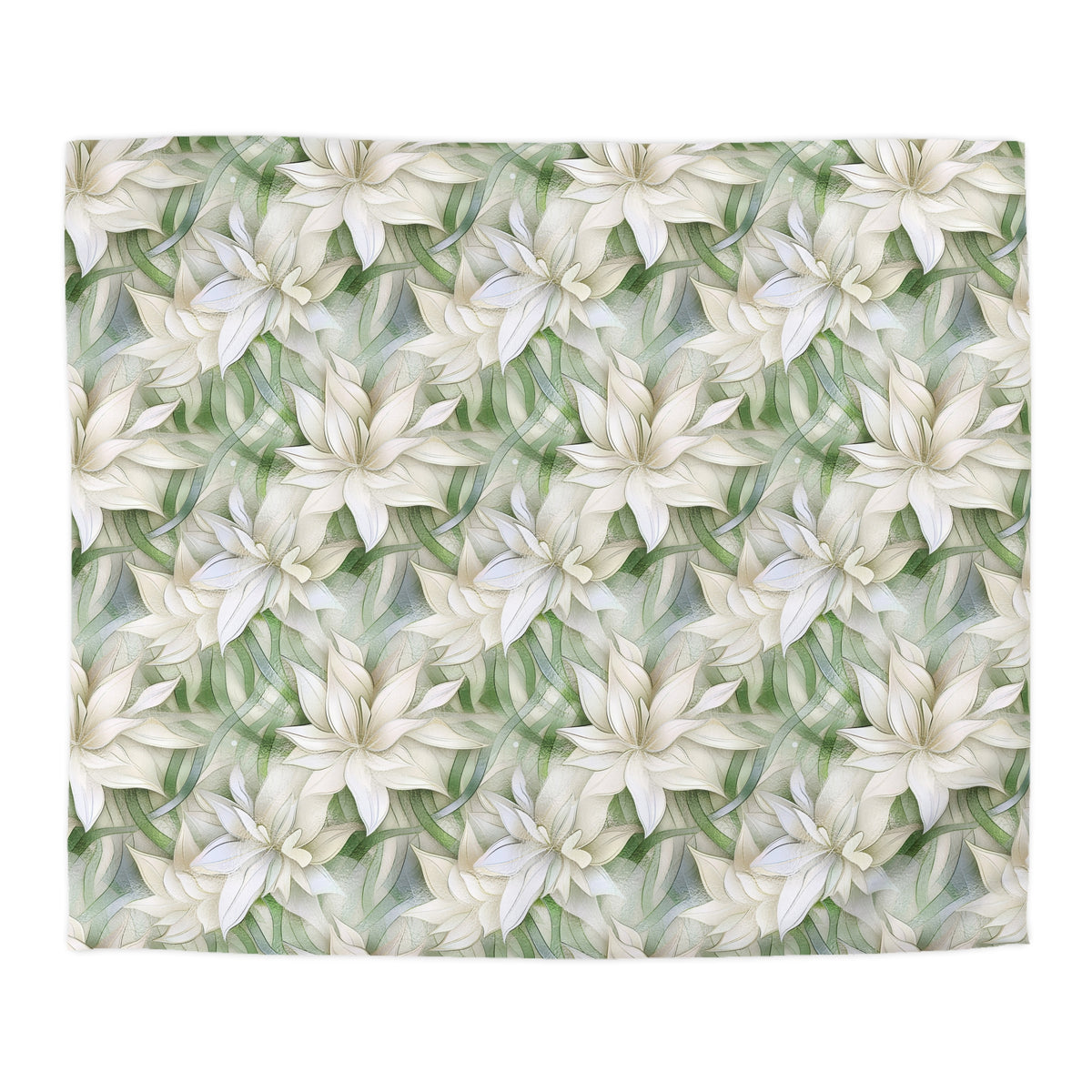 a repeating pattern of white flowers with green leaves, creating a visually appealing and harmonious design.
