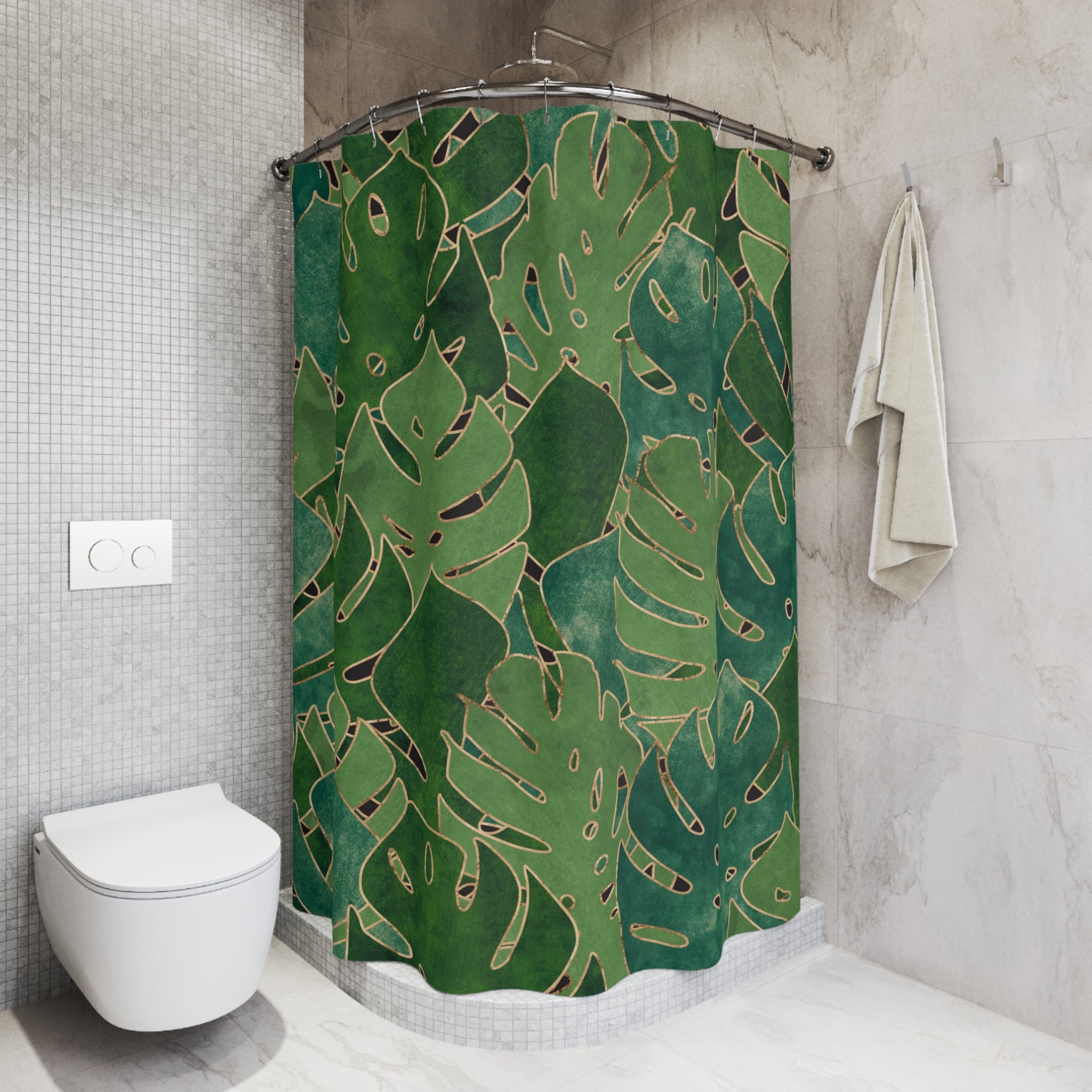 Green Shower Curtain | Jungle Monstera Leaves Bathroom Decor