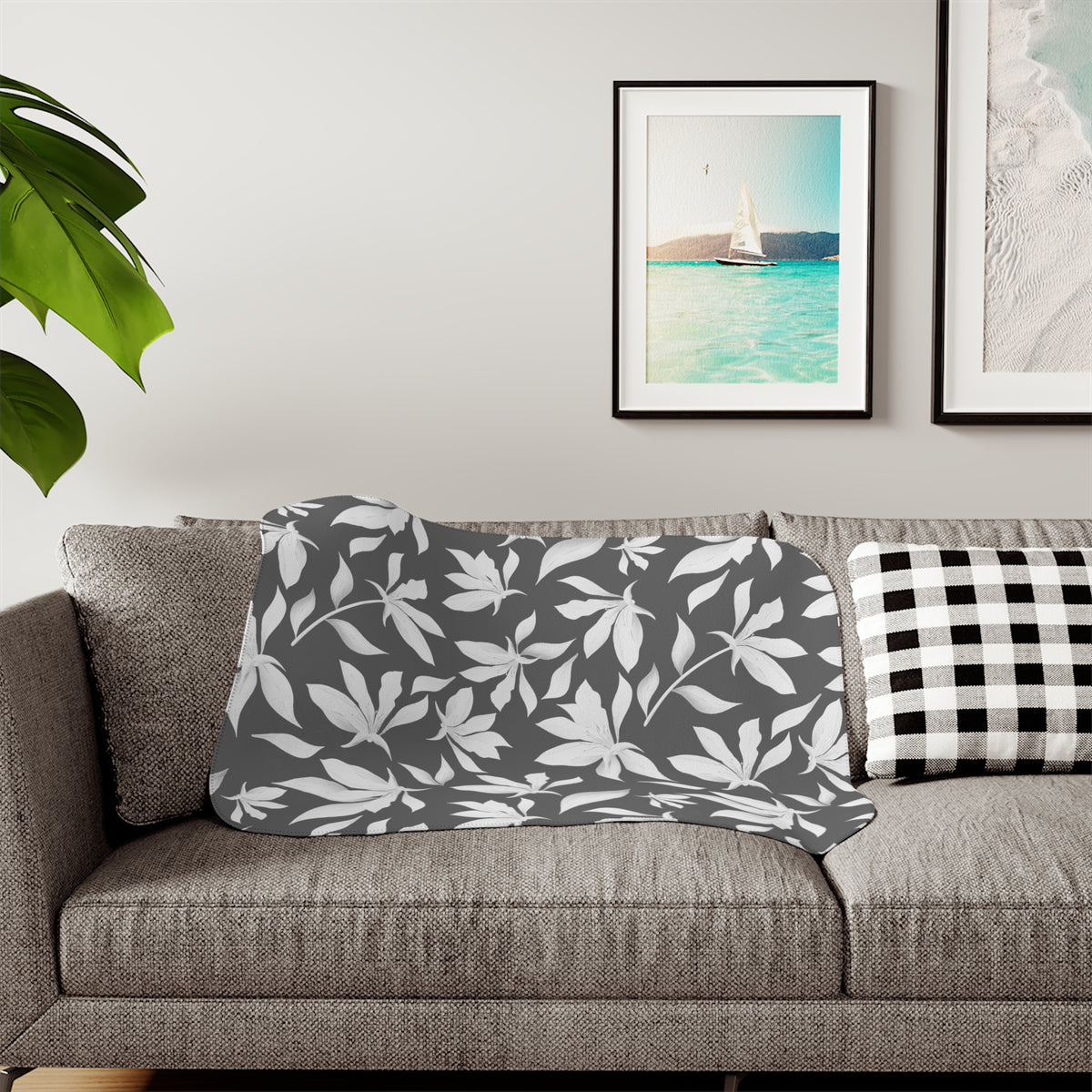 Charcoal Gray White Lily Sherpa Blanket | Modern Floral Throw