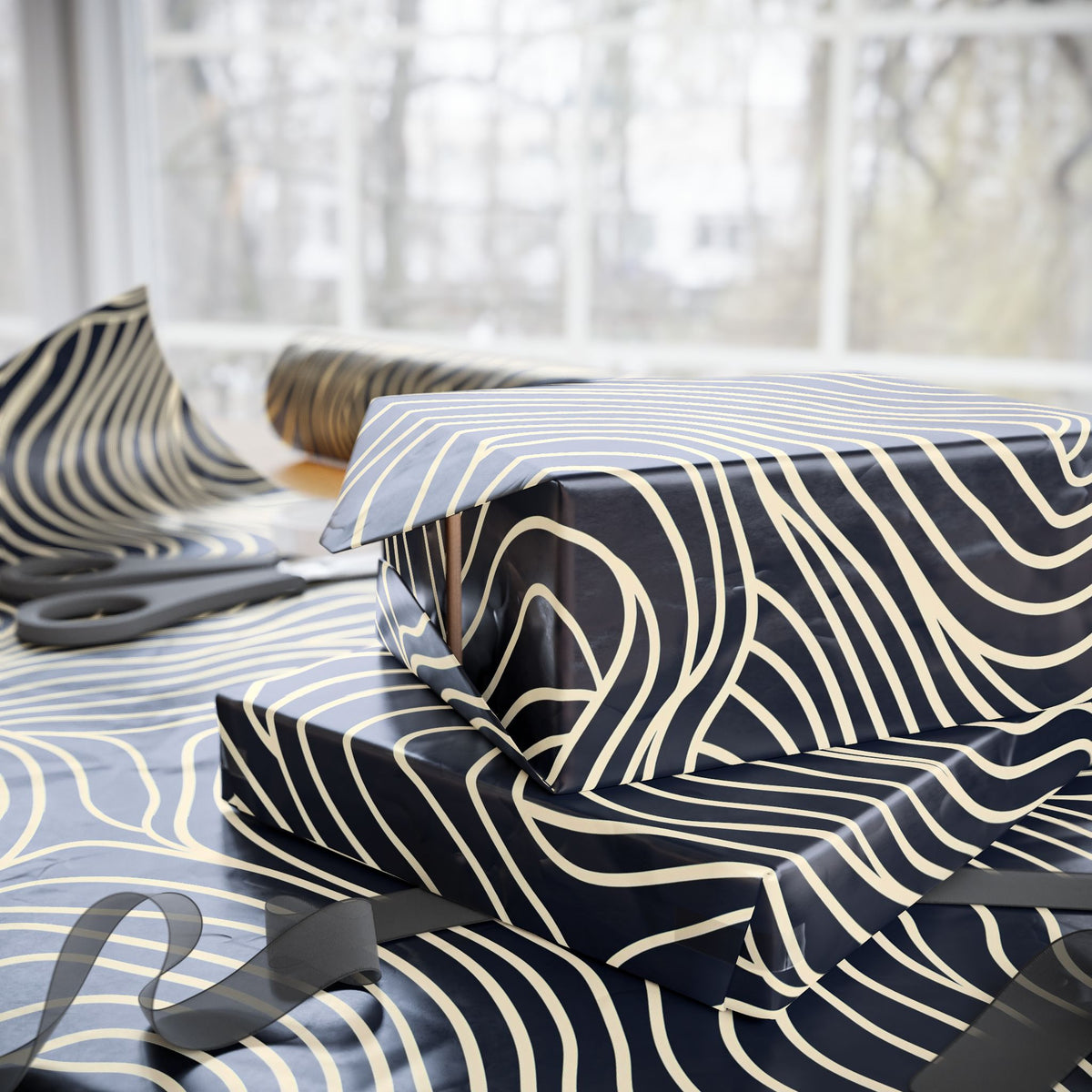 Navy Cream Abstract Wavy Lines Wrapping Paper, Gift Wrap