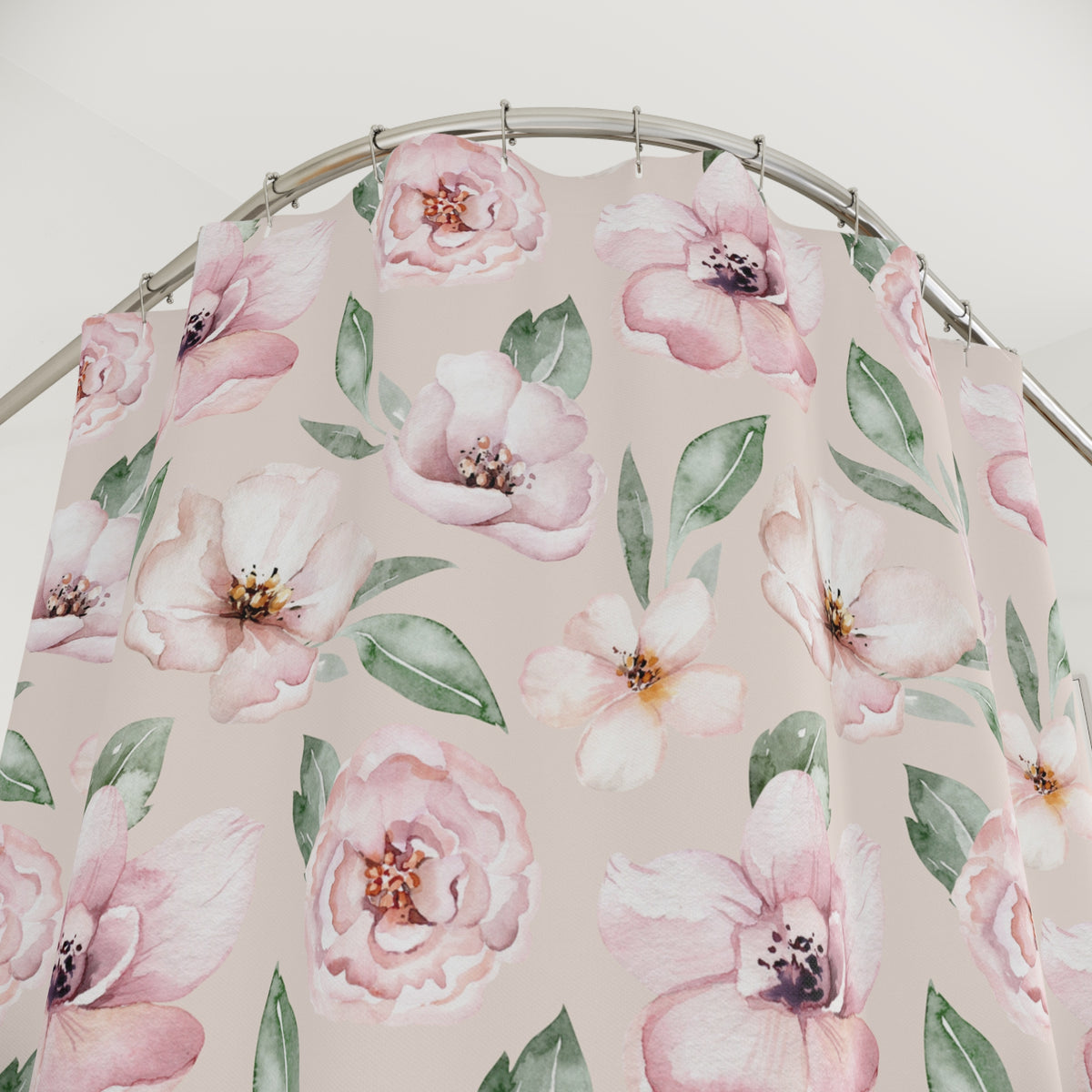a shower curtain with a floral pattern of pink and white flowers and green leaves.