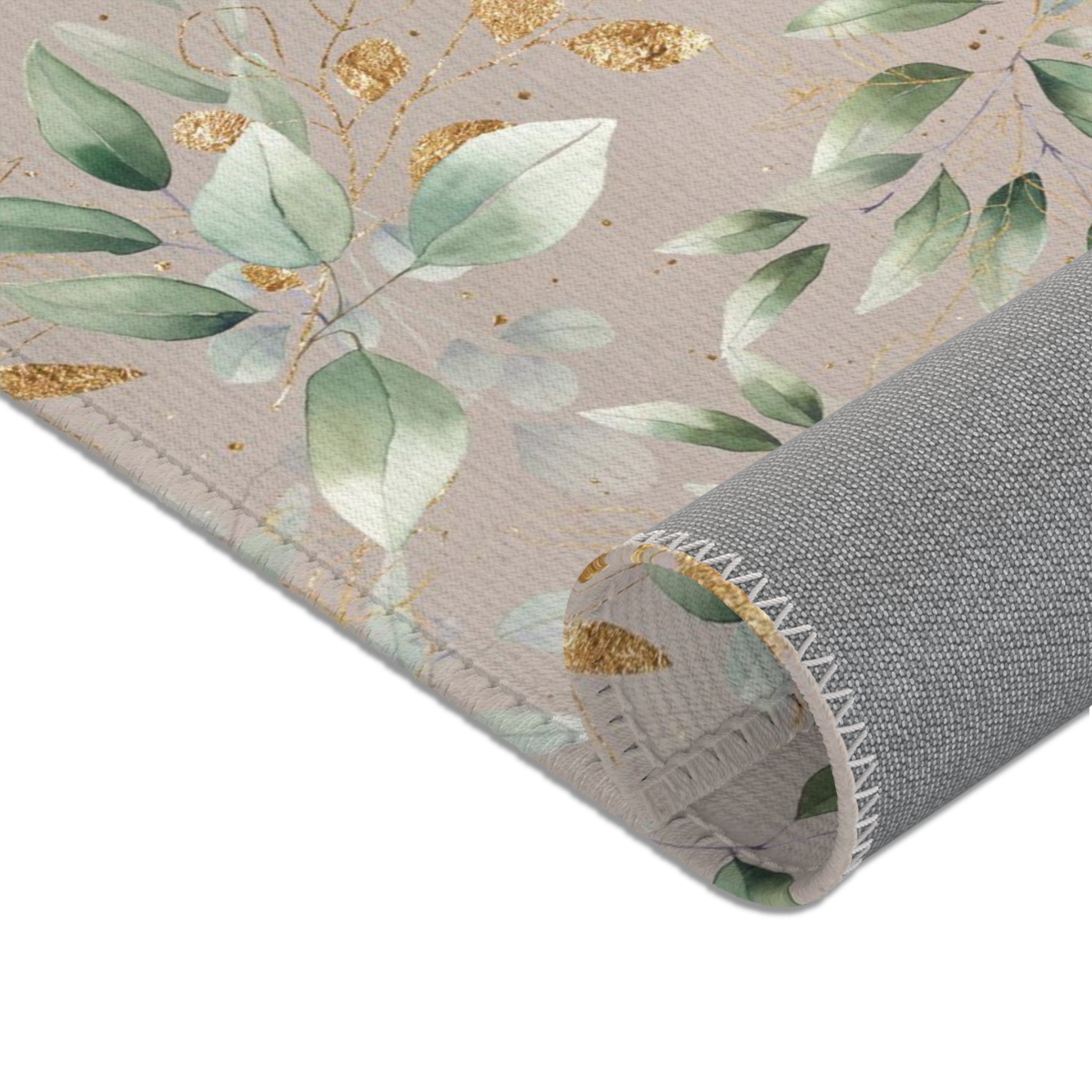 Floral Area Rug | Beige Sage Green Leaves, Gold Watercolor