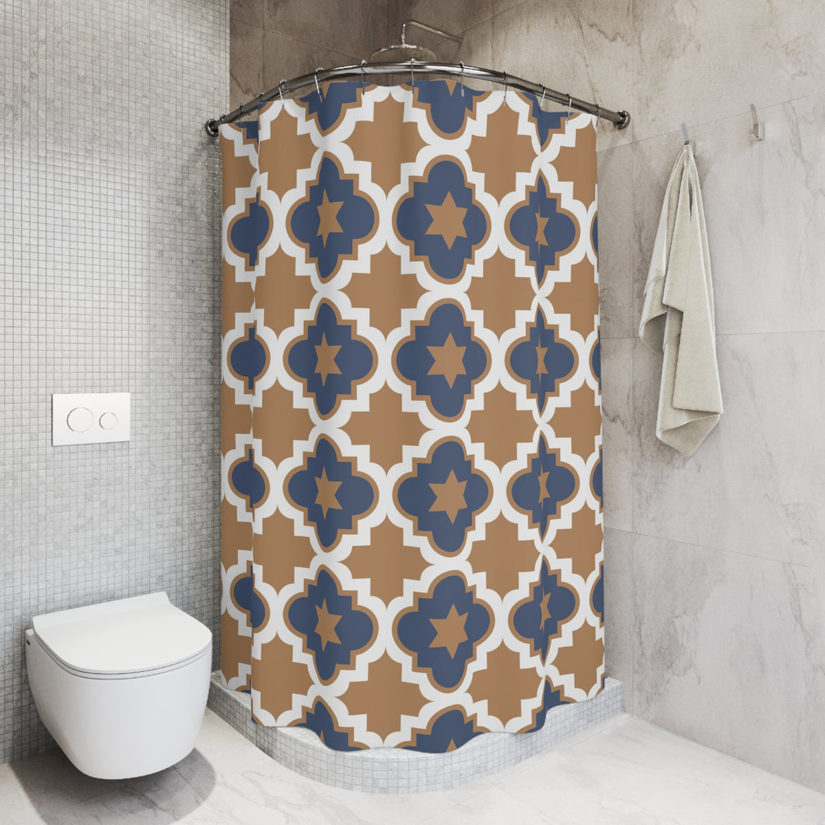 Navy camel quatrefoil bath curtain with buttonholes for hooks