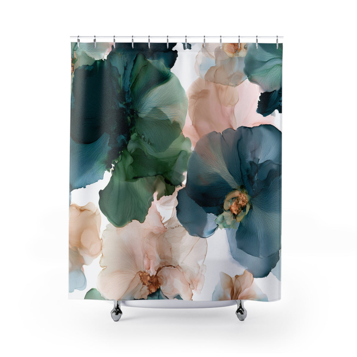 a shower curtain with flowers painted on it