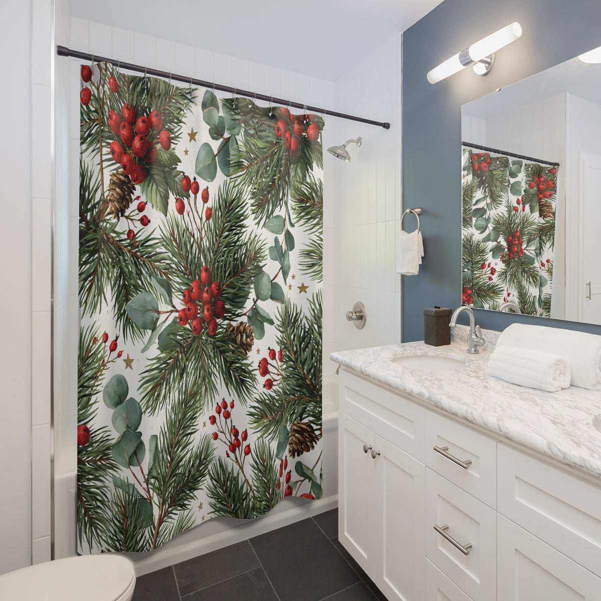 Red Holly Berry Eucalyptus Shower Curtain, Bath Curtain 71x74