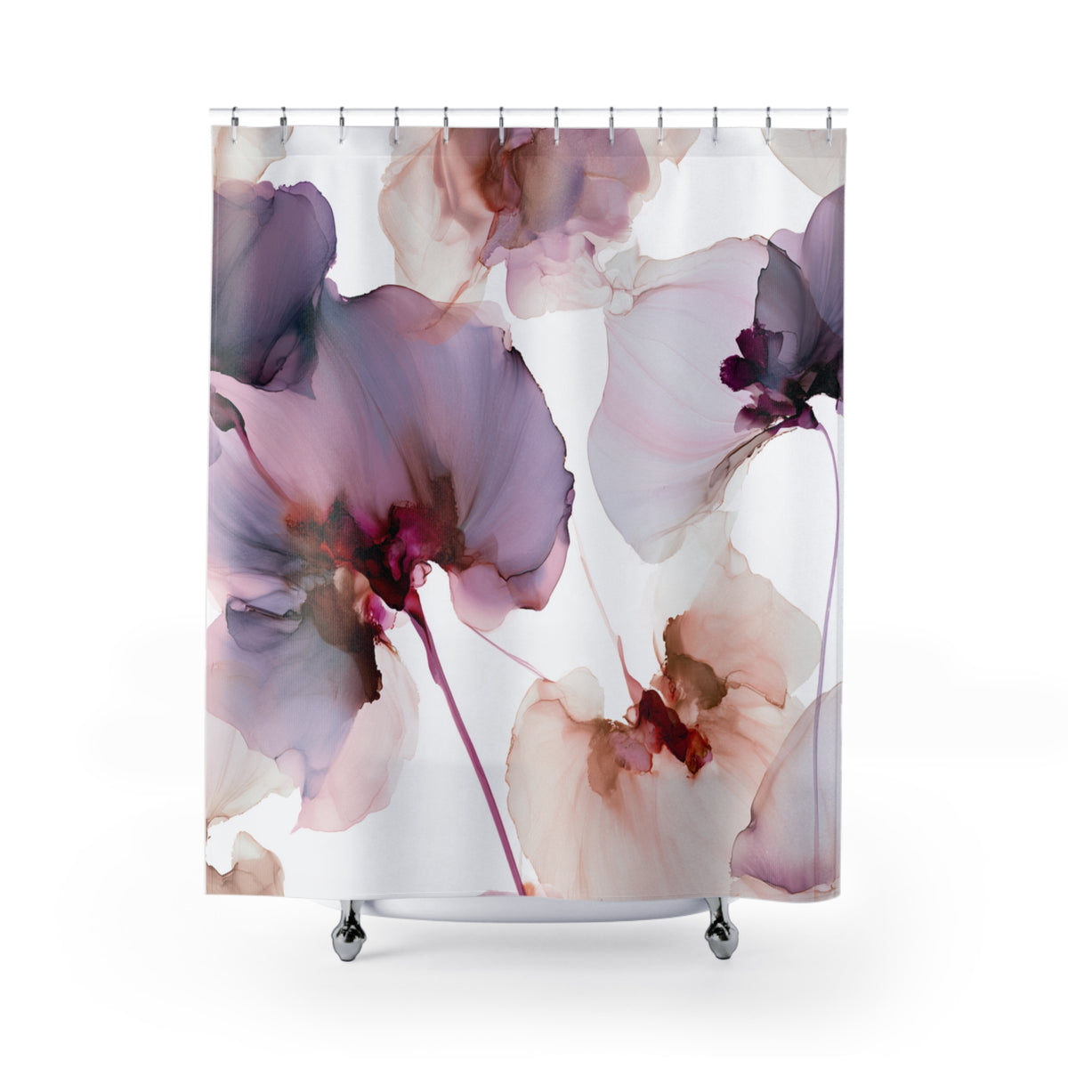 a shower curtain with a floral pattern of purple and pink flowers.