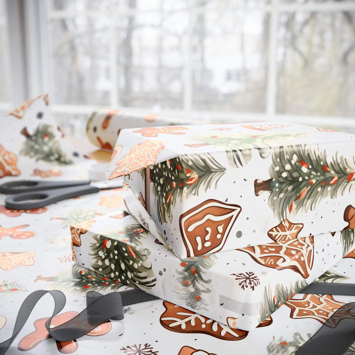 Gingerbread Man Pine Tree Christmas Wrapping Paper, Gift Wrap