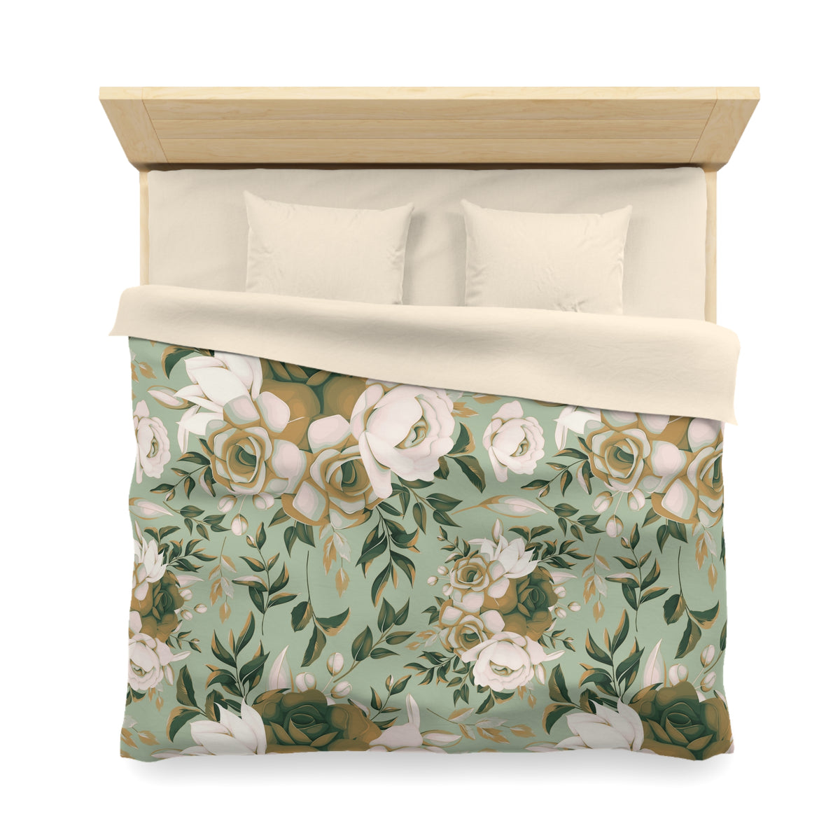 a bed with a floral print duvet cover and pillows.