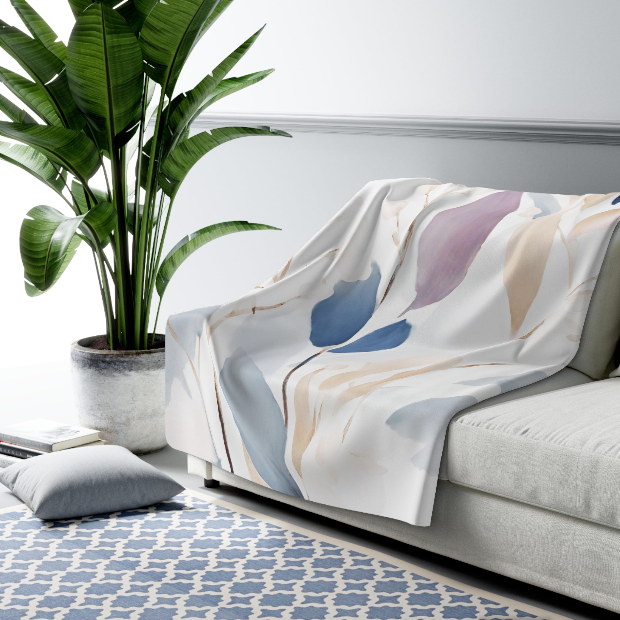Floral Throw Blanket | White Blue, Lavender Beige