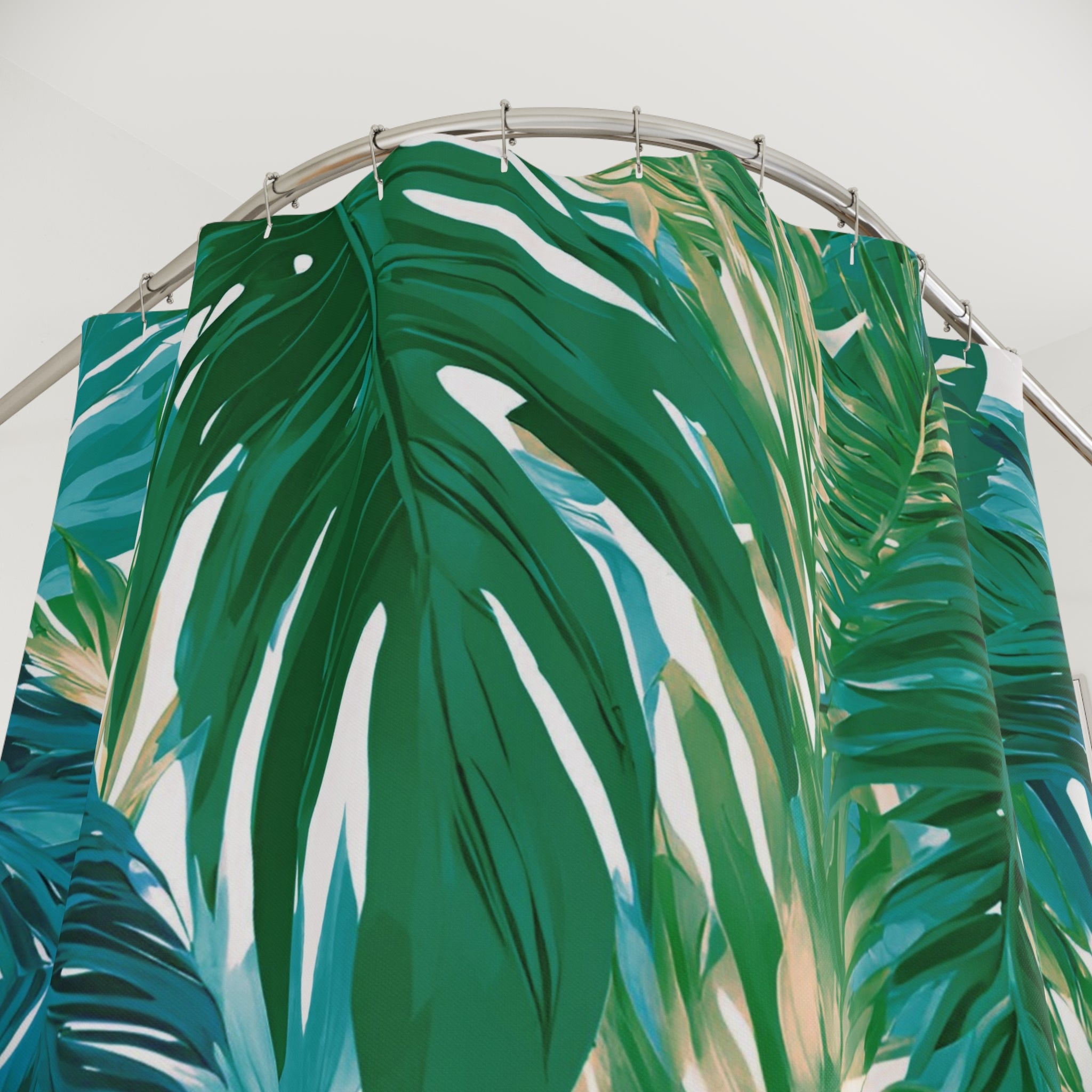 Boho Shower Curtain | Jungle Palm Leaves, Green Blue