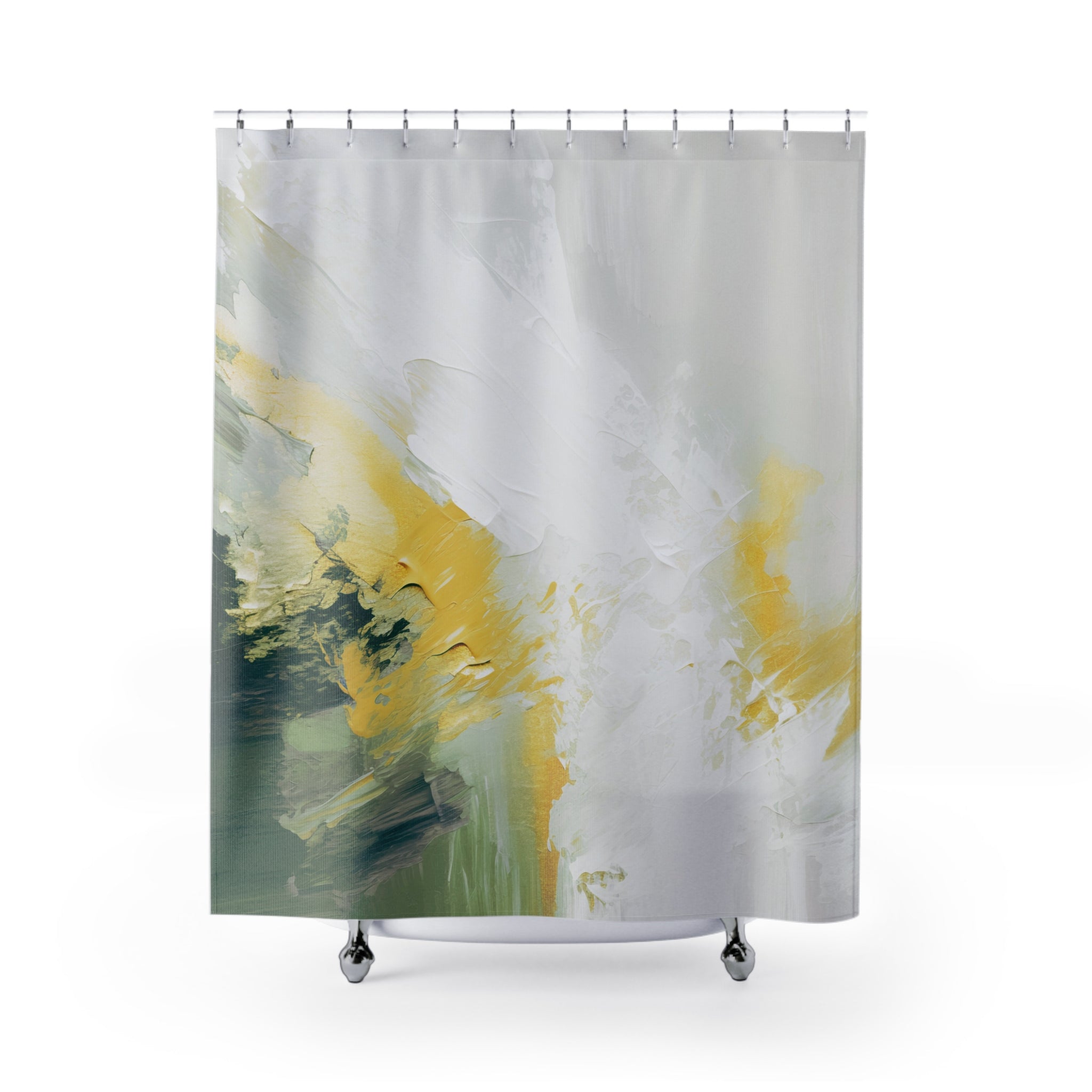 Boho Shower Curtain | Green White Yellow Minimalist Fabric Curtain