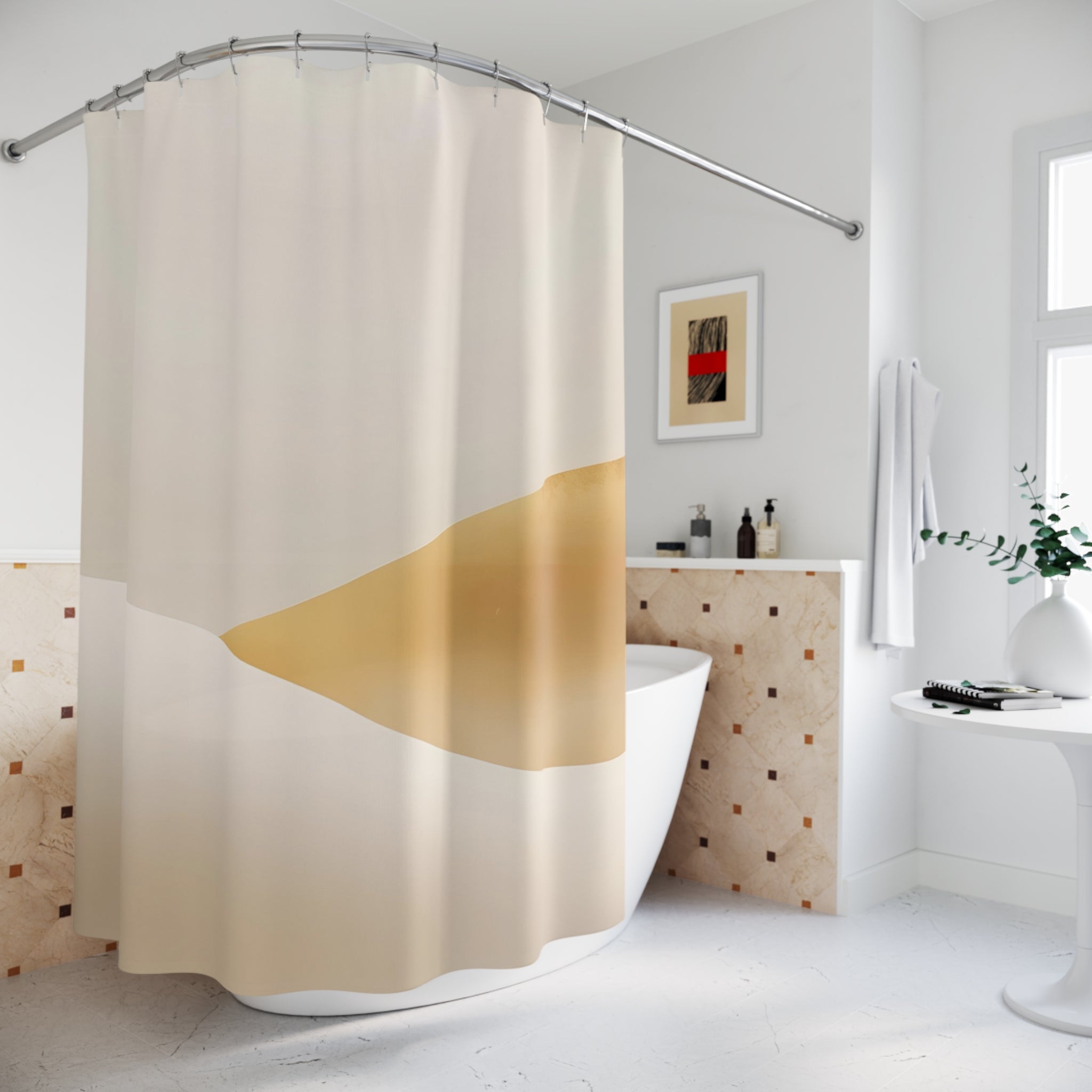 Boho Abstract Shower Curtain | Minimalist Beige Landscape Watercolor