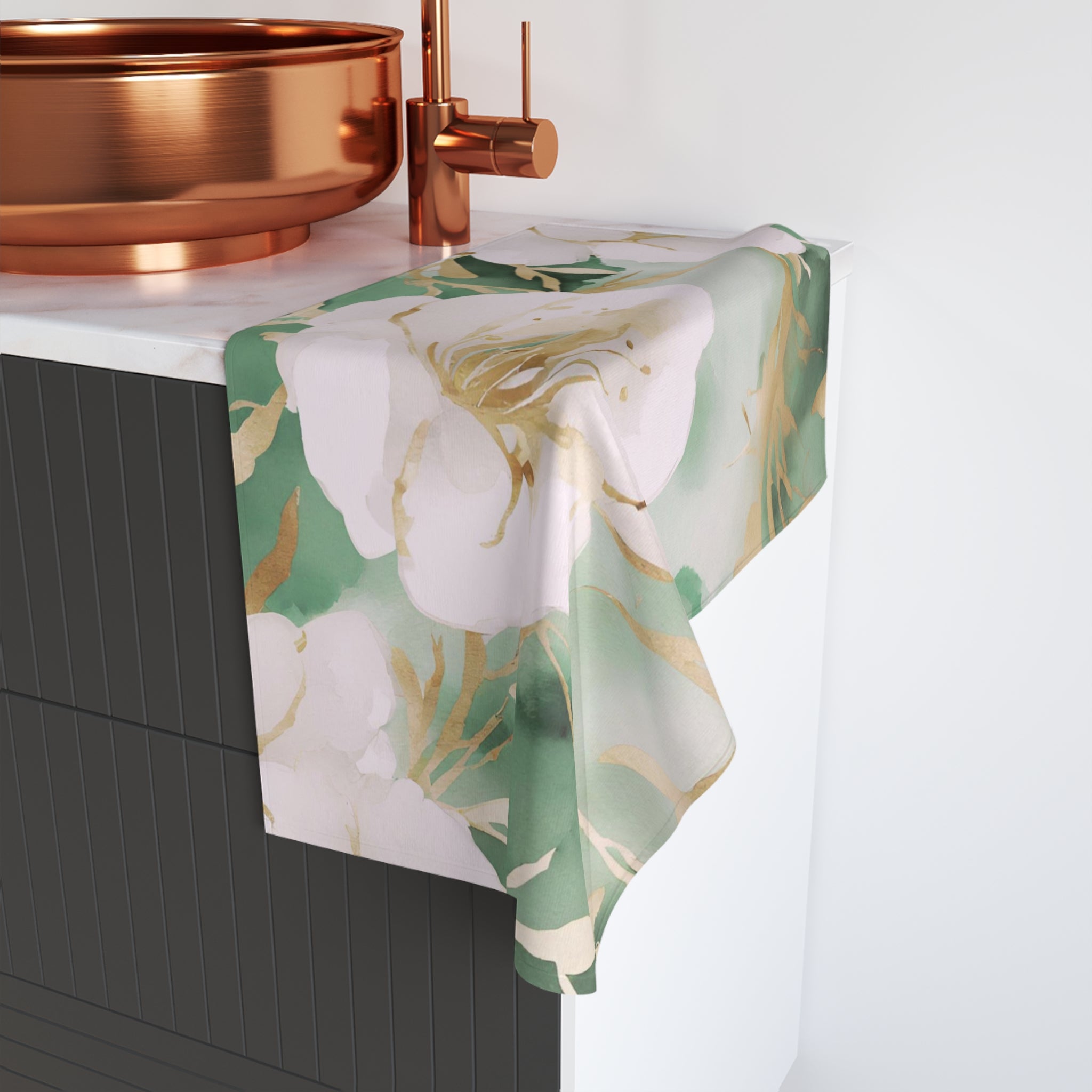 Floral Kitchen, Bath Hand Towel | Sage Green Muted Gold, Blush Pink