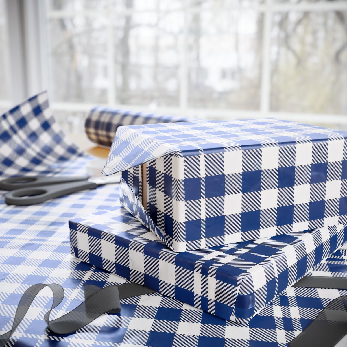 Navy Blue White Gingham Check Wrapping Paper, Gift Wrap