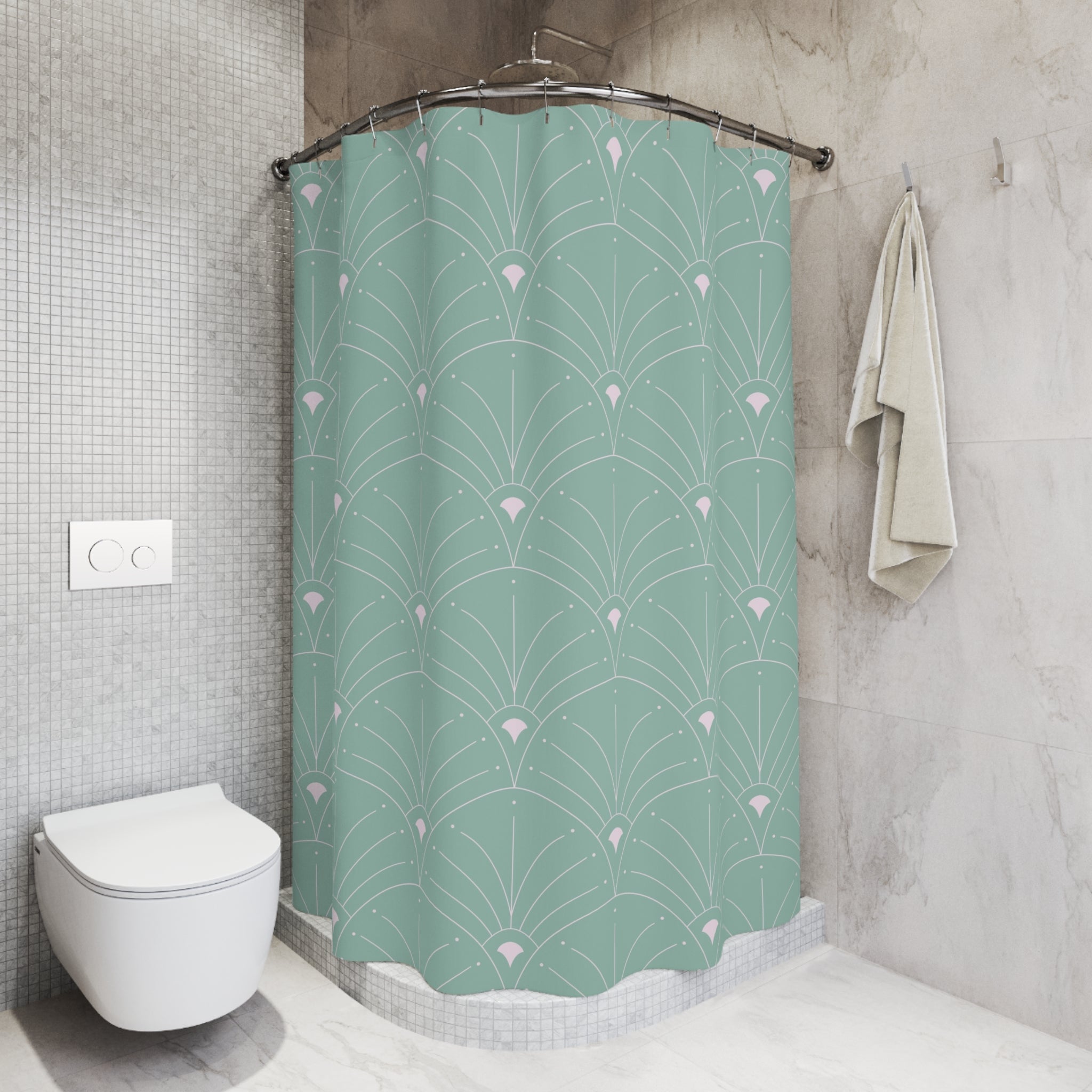 Art Deco Shower Curtain | Teal Sage Green, White Fan Bath Curtain