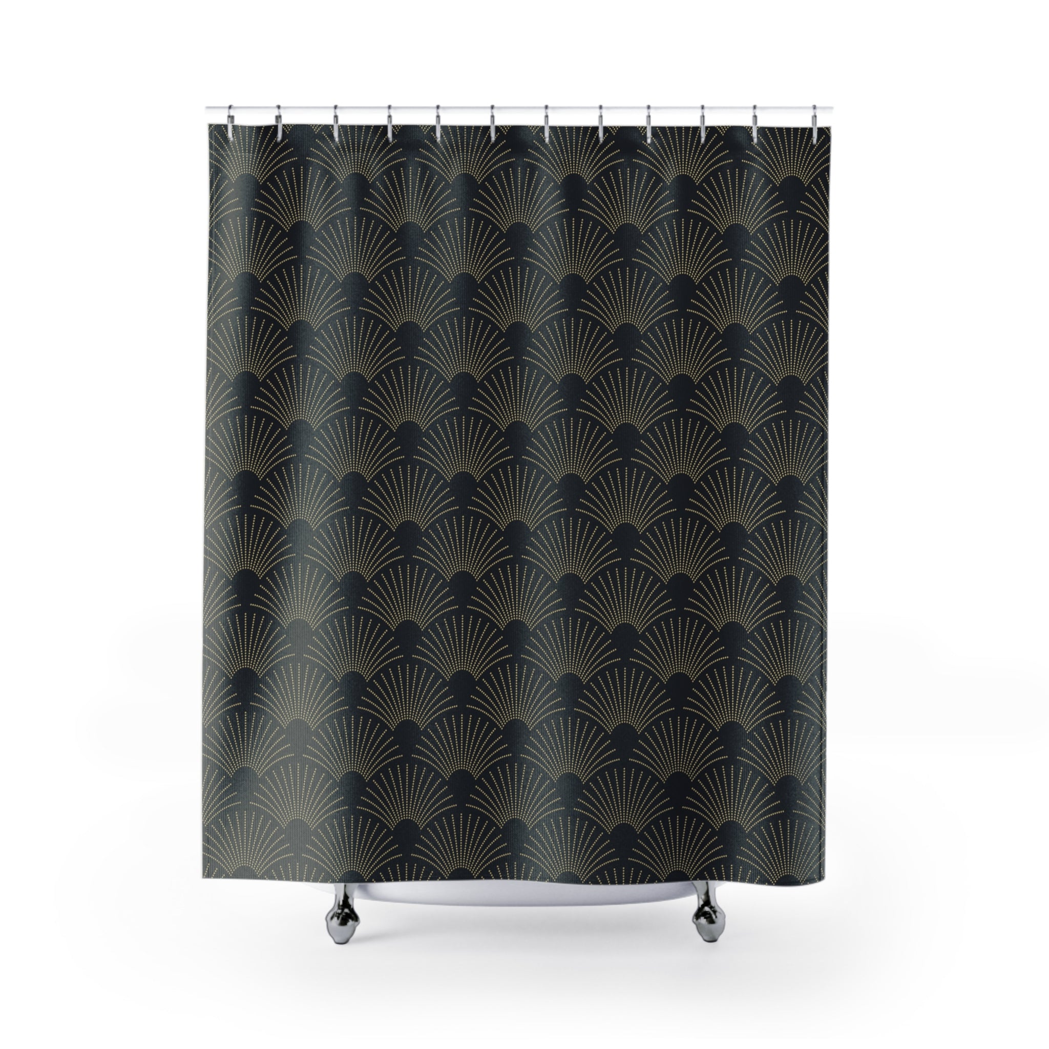 Boho Shower Curtain | Art Deco, Black Beige Crane Fan