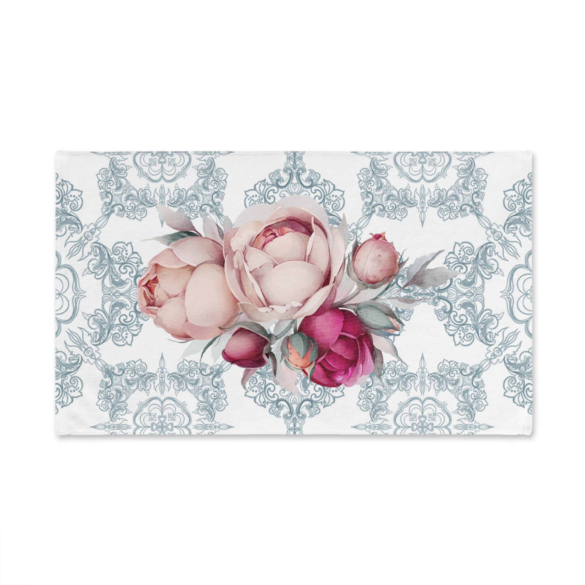 Kitchen, Bath Hand Towel | Amalfi Coast, Blue White, Tiles, Pink Peonies