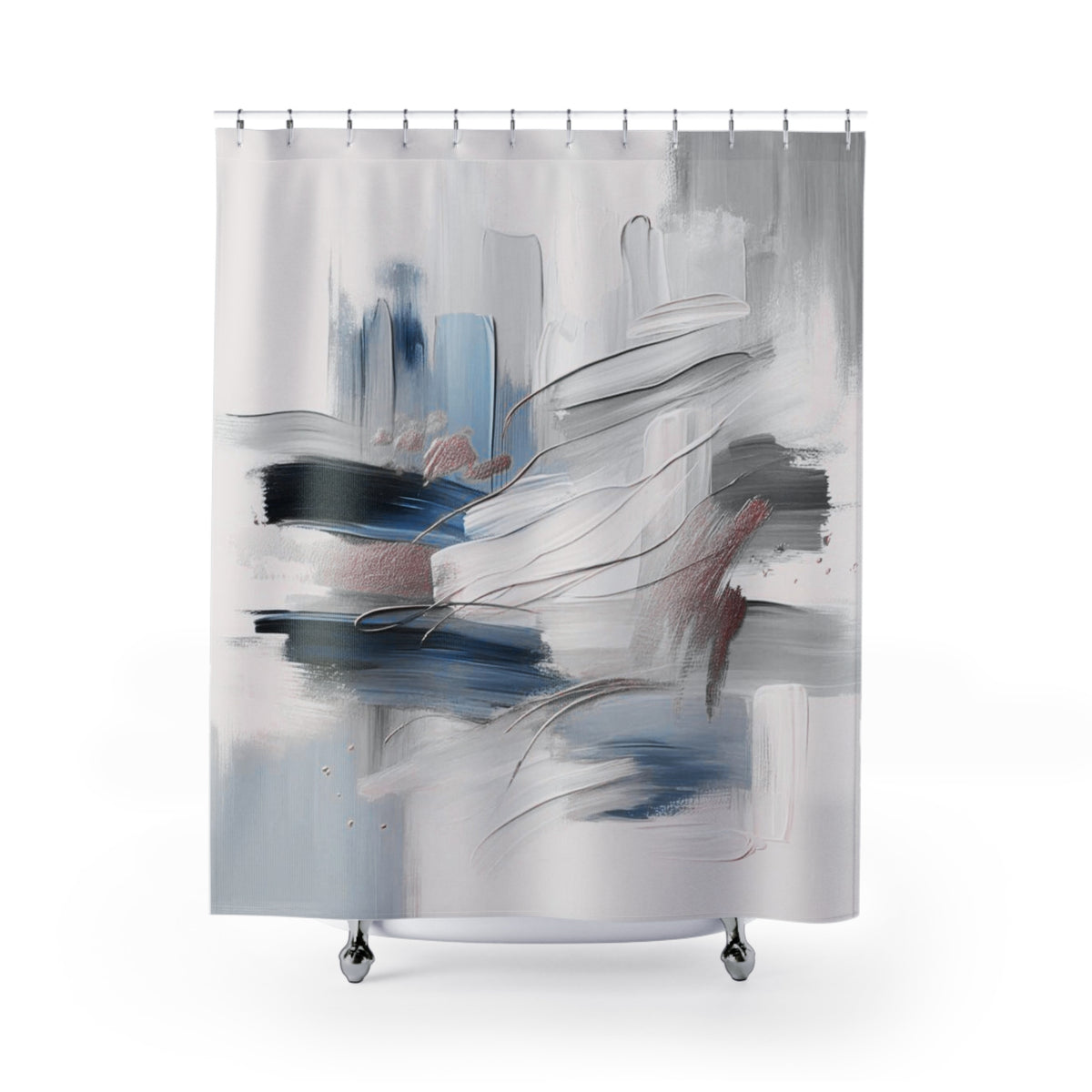 an abstract painting with a mix of blue, gray, and pink colors, creating a dynamic and visually striking composition.