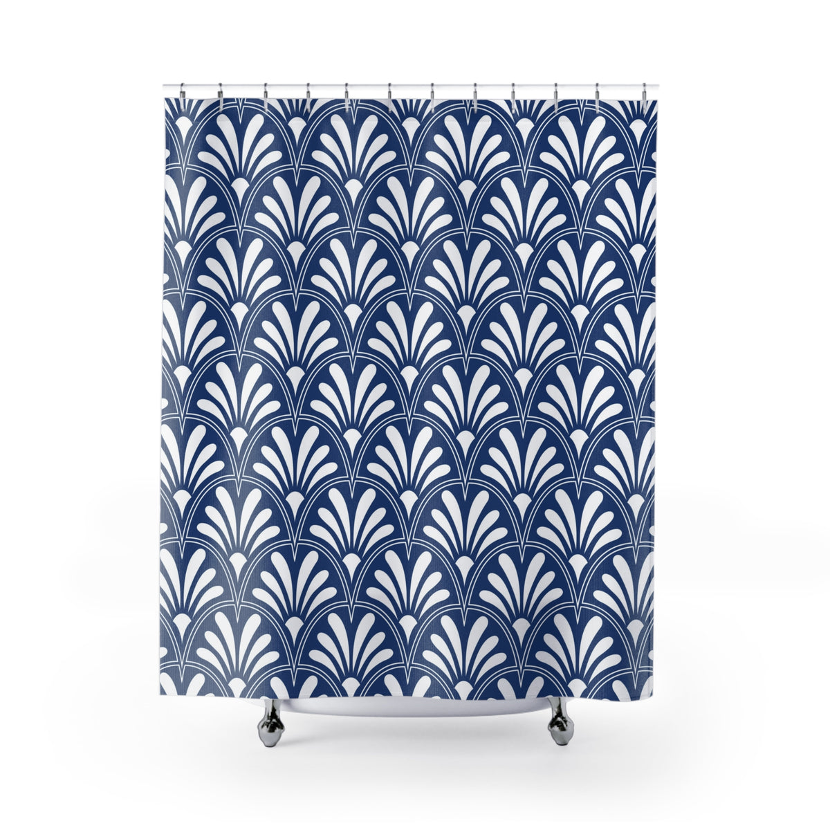 a square shower curtain with a repeating pattern of white and blue flowers or leaves.