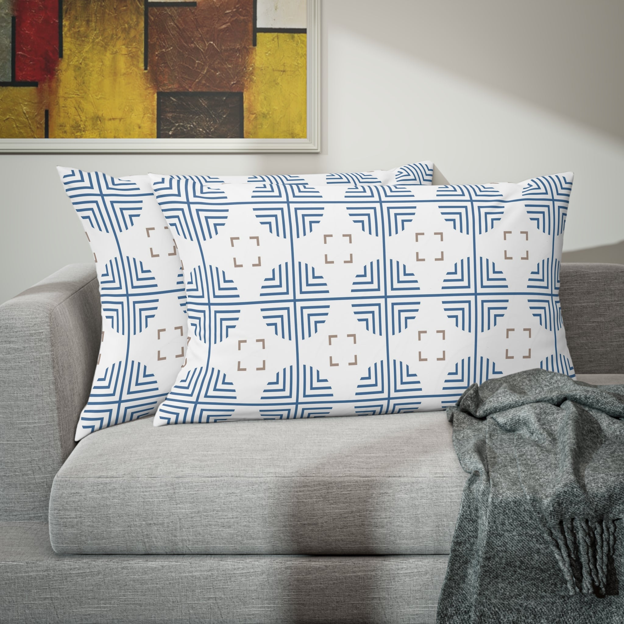 Retro Bedding Pillow Sham | Art Deco Blue, White, Beige