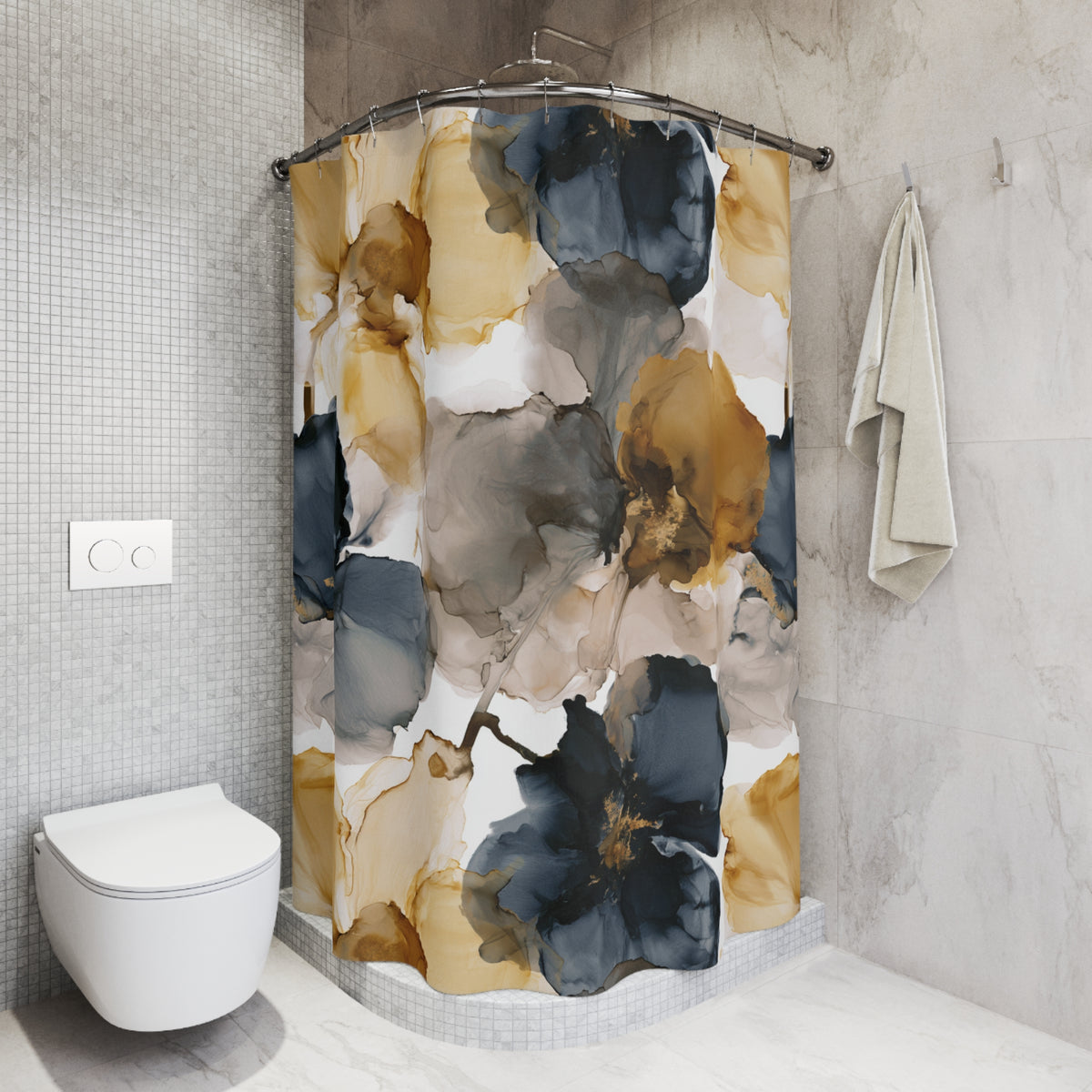Navy Mustard Ink Floral Shower Curtain, Bath Curtain 71x74