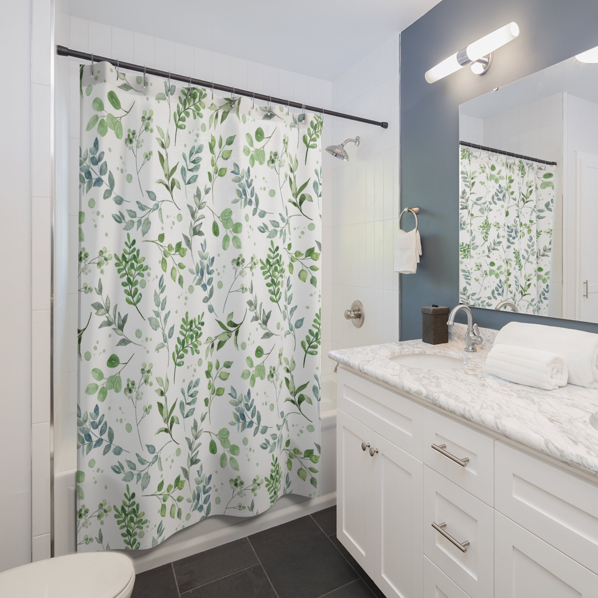 Boho Leaves Shower Curtain | Green Blue White Floral