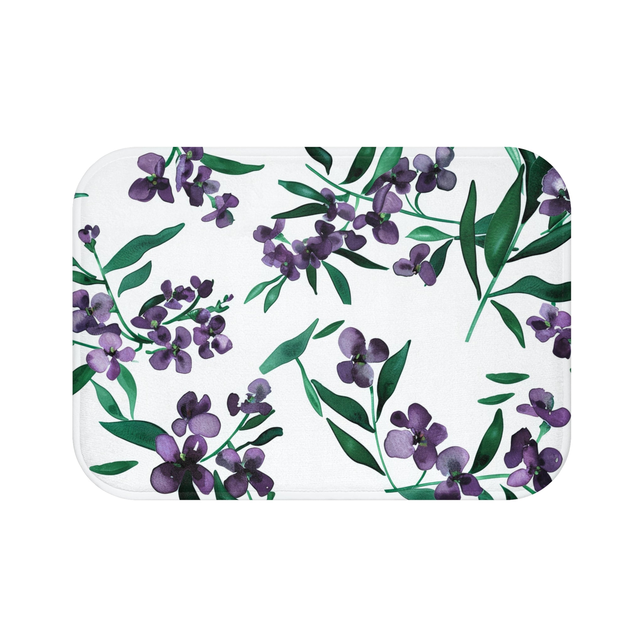 Floral Bath, Kitchen Mat | Botanical White Purple, Green Watercolor