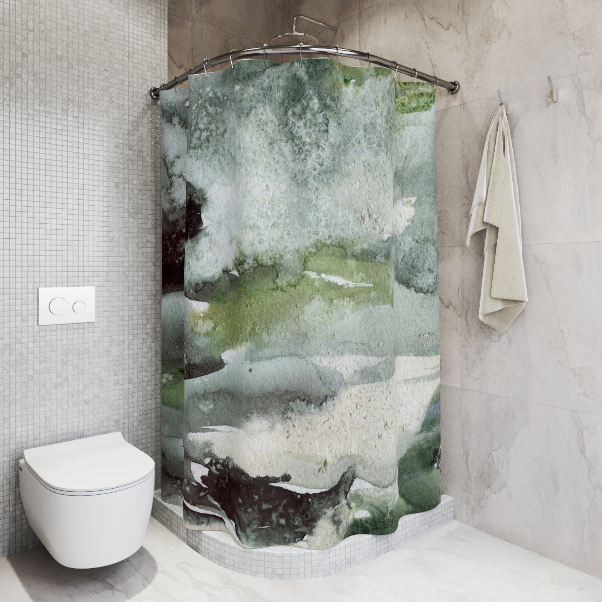 a modern bathroom with a white toilet, a shower curtain featuring a watercolor-style abstract design, and a towel hanging on a rack.