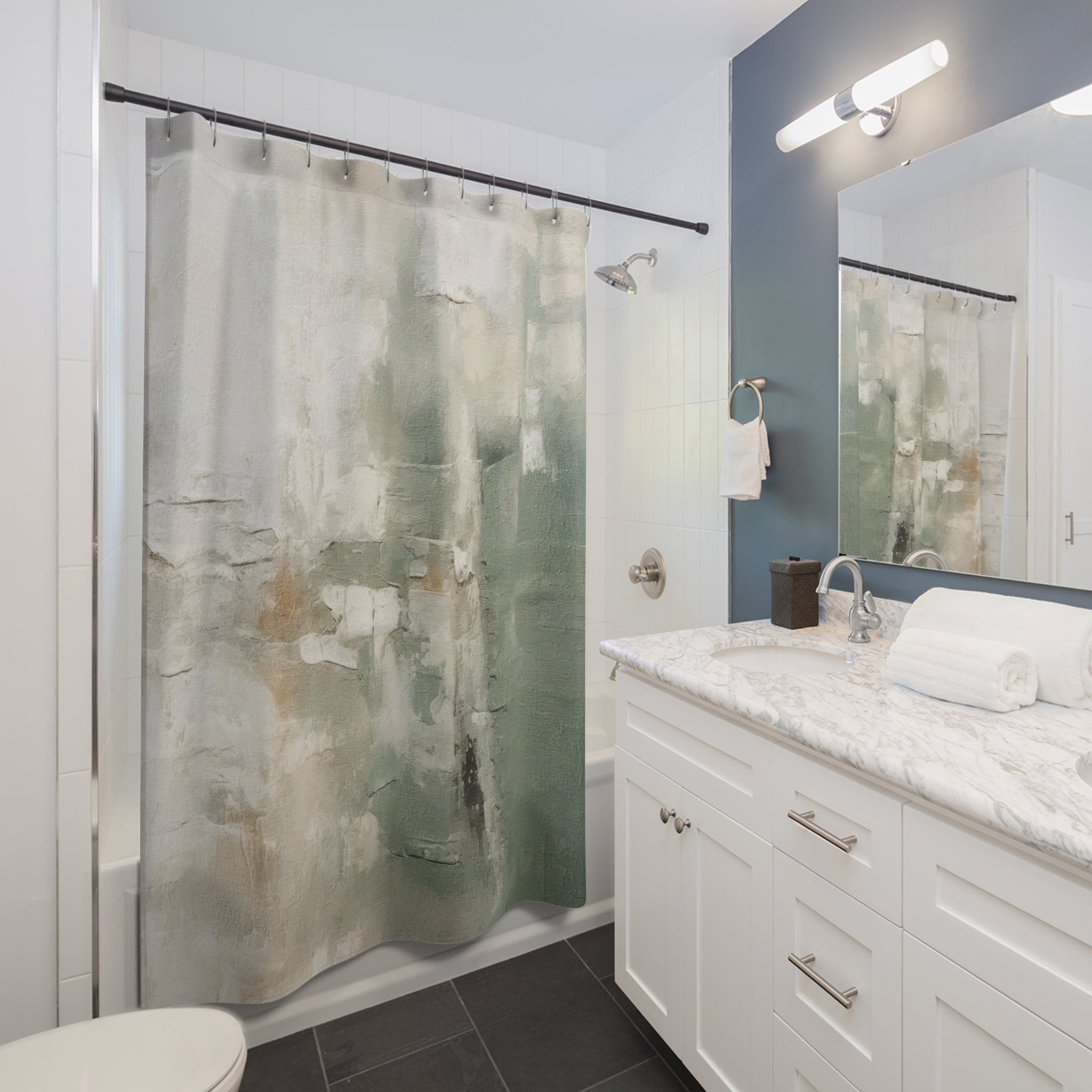 a modern bathroom with a white vanity, a shower curtain featuring a green abstract design, and a mirror above the vanity.