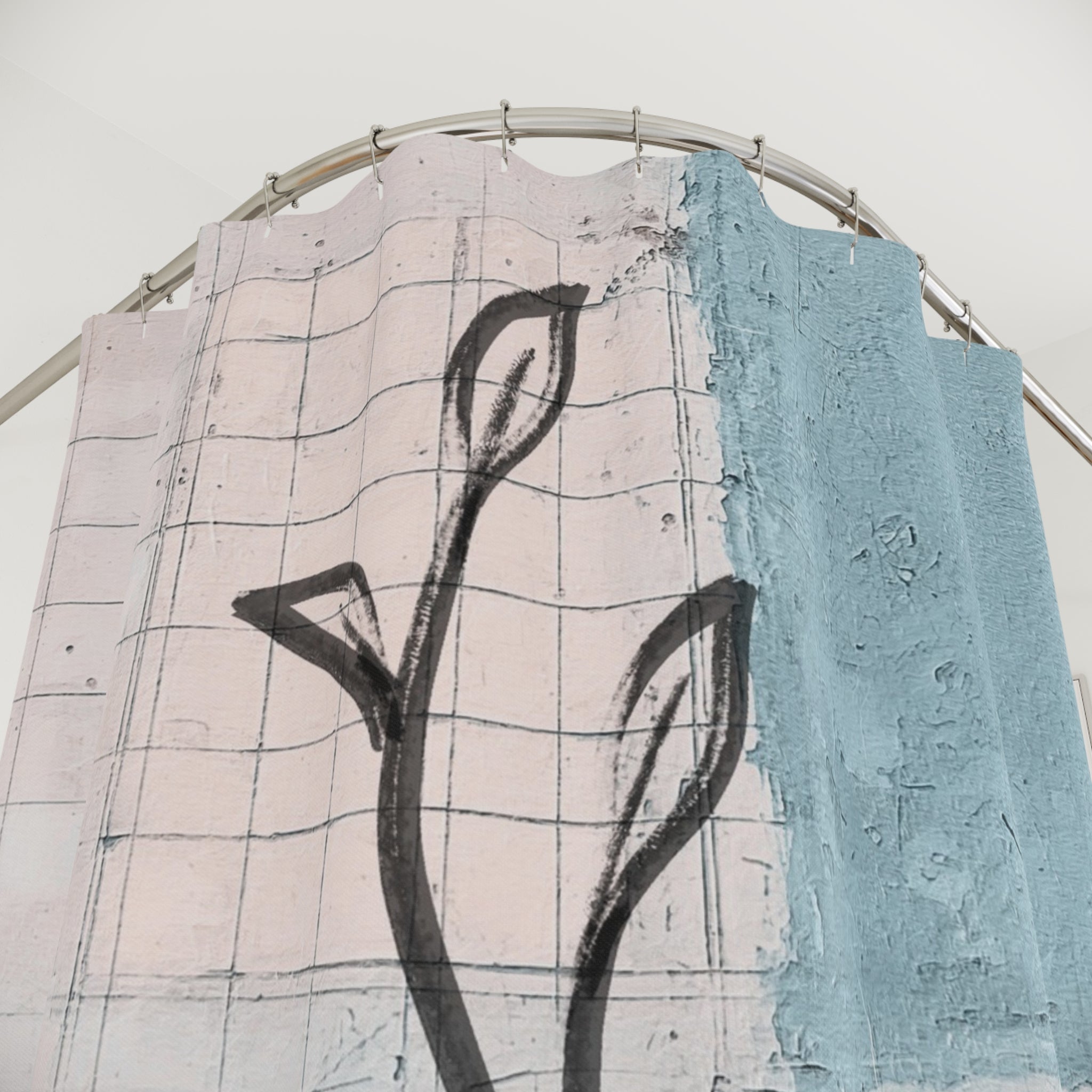 Boho Shower Curtain | Abstract Art Pale Blue, Blush Pink Grey Minimalist