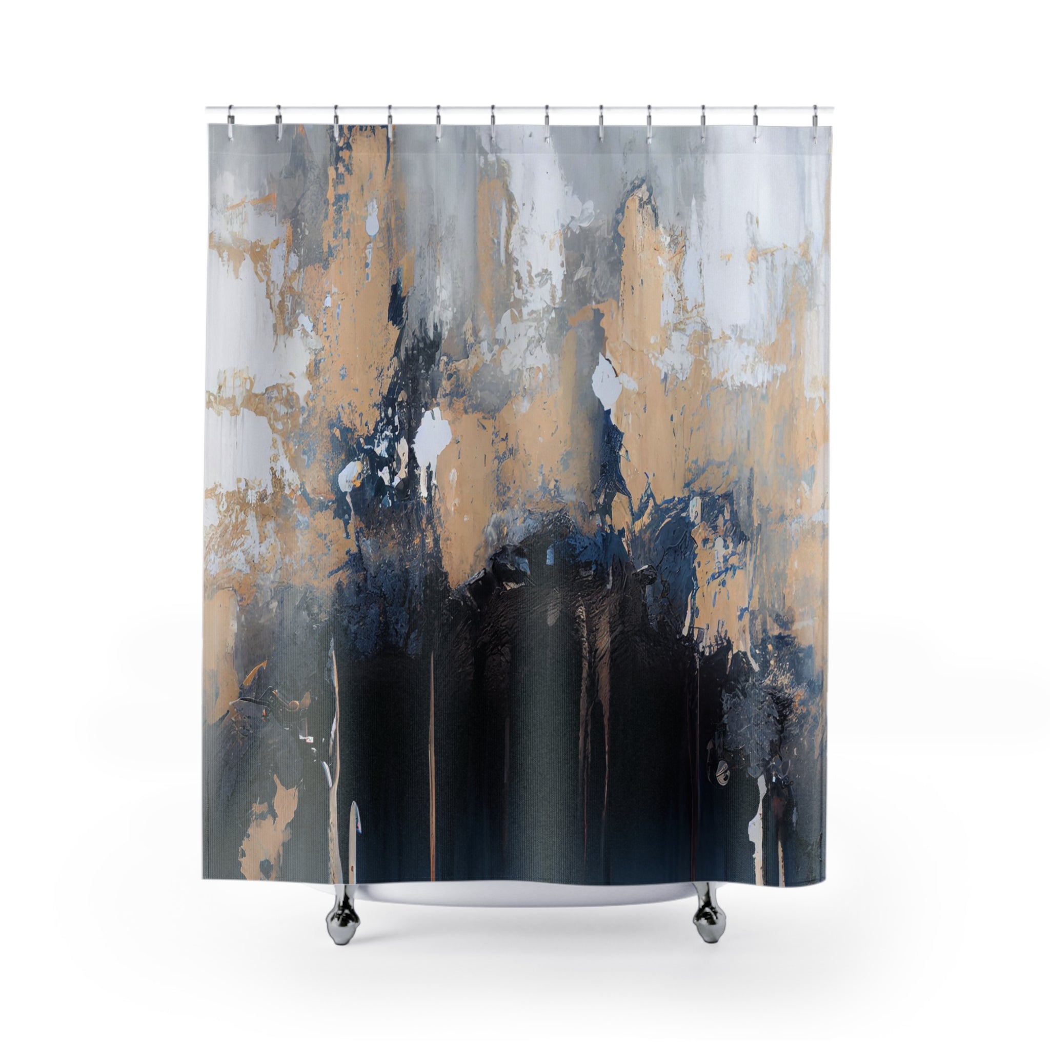 a shower curtain with a painting on it