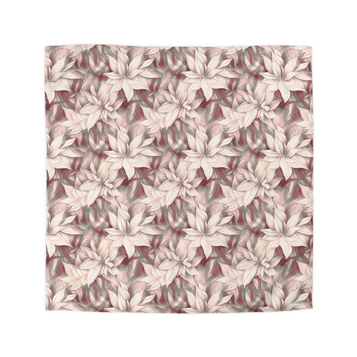 a square-shaped floral pattern with a repeating design of large white flowers against a maroon background.