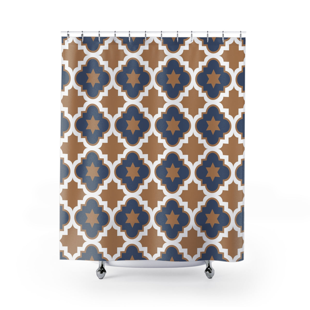 Navy tan quatrefoil shower curtain, front view, 71x74 inches