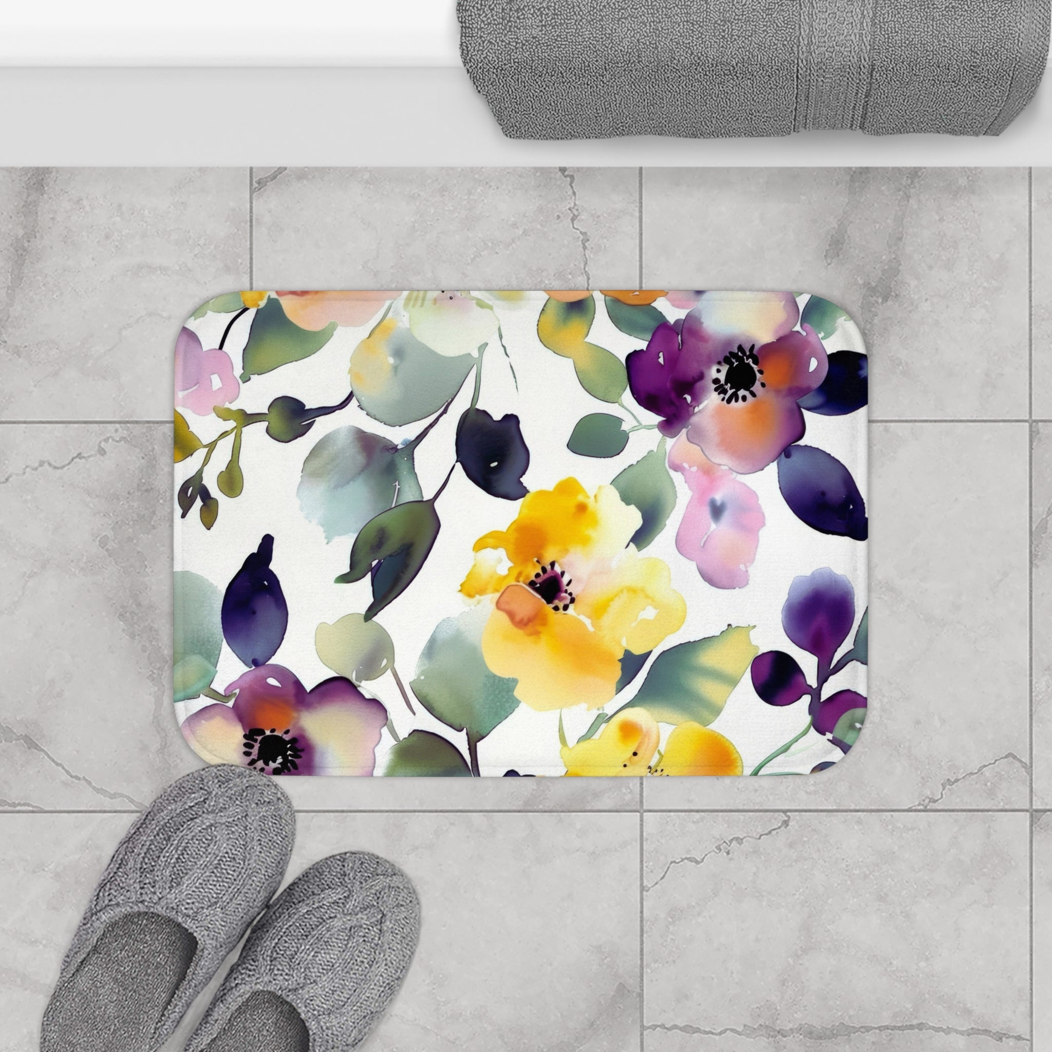 Floral Bath, Kitchen Mat | Botanical Yellow Purple, Green Watercolor