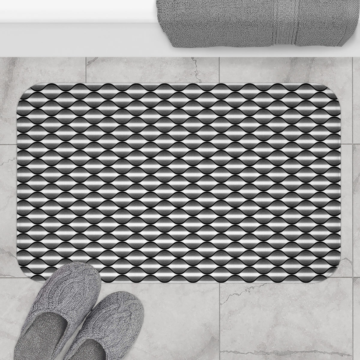 Black White Deco Wave Bath Mat, Op Art Bathroom Rug