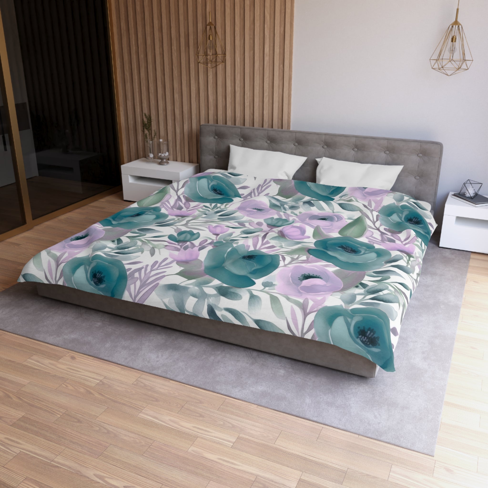 Abstract Floral Duvet, Pillow Cover | Lavender Teal Green Bedroom Decor