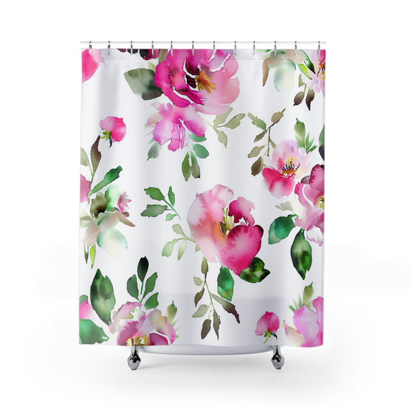 Boho Shower Curtain | Floral Pink, White Green Bath Curtain