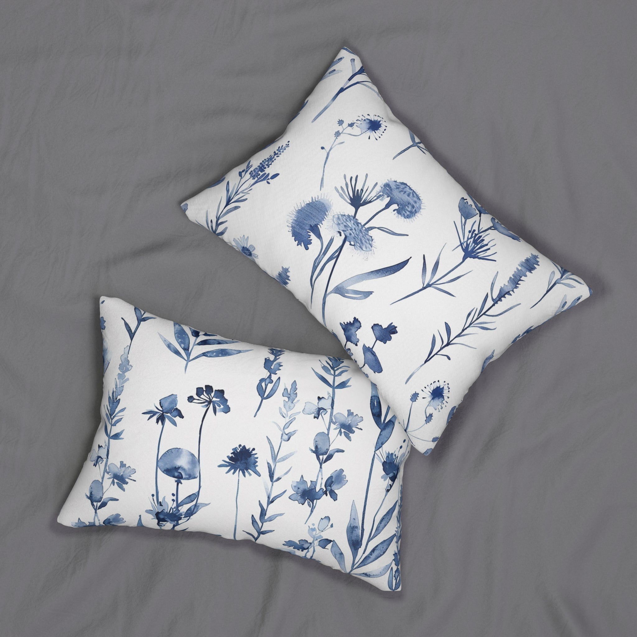 Boho Floral Lumbar Pillow | Blue White Watercolor