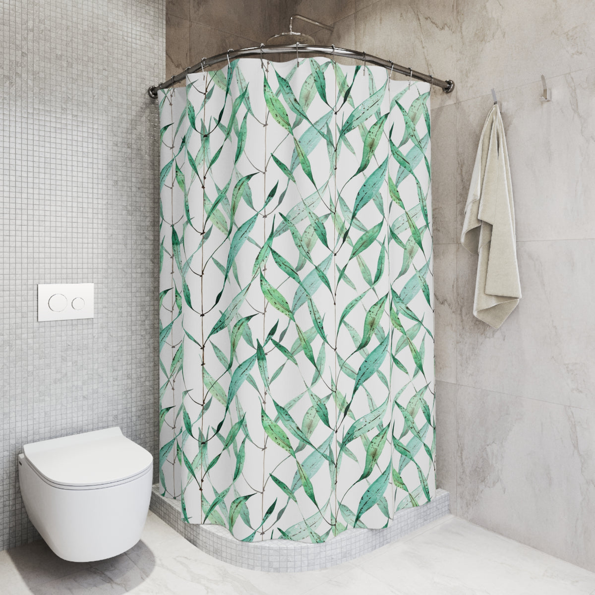 Aqua Mint Watercolor Bamboo Shower Curtain, Bath Curtain 71x74