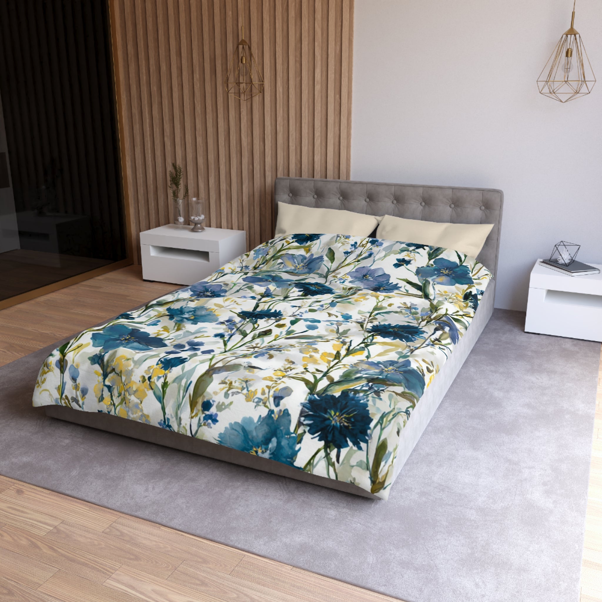 Floral Modern Duvet, Pillow Cover | Blue Yellow Bedroom Decor