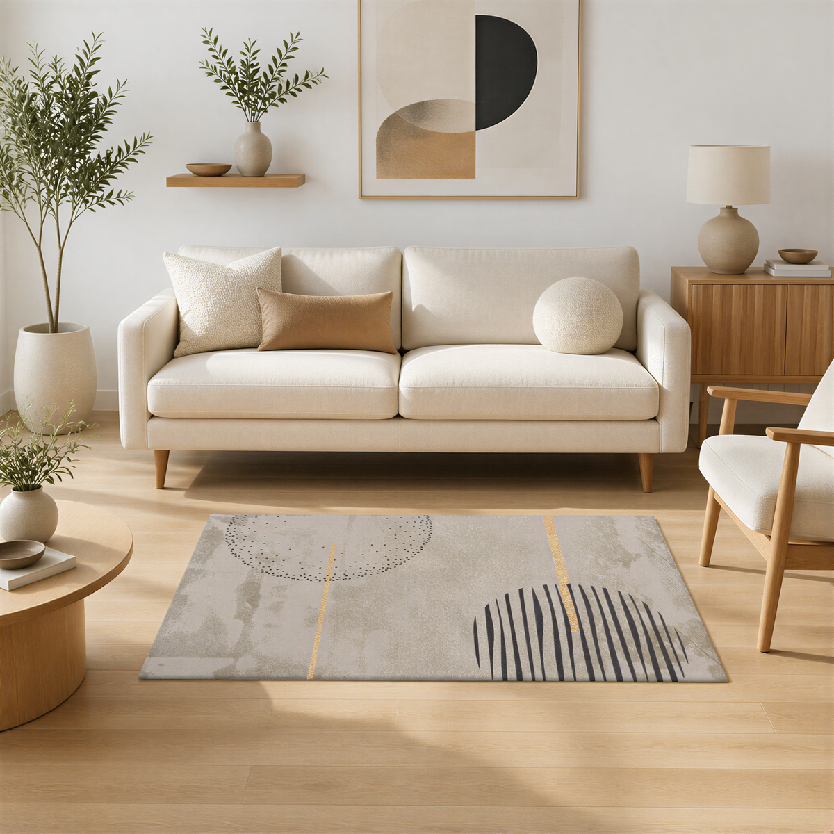 a modern living room with a white sofa, a wooden coffee table, and a rug with abstract geometric patterns. The room is decorated with potted plants, vases, and a painting on the wall.