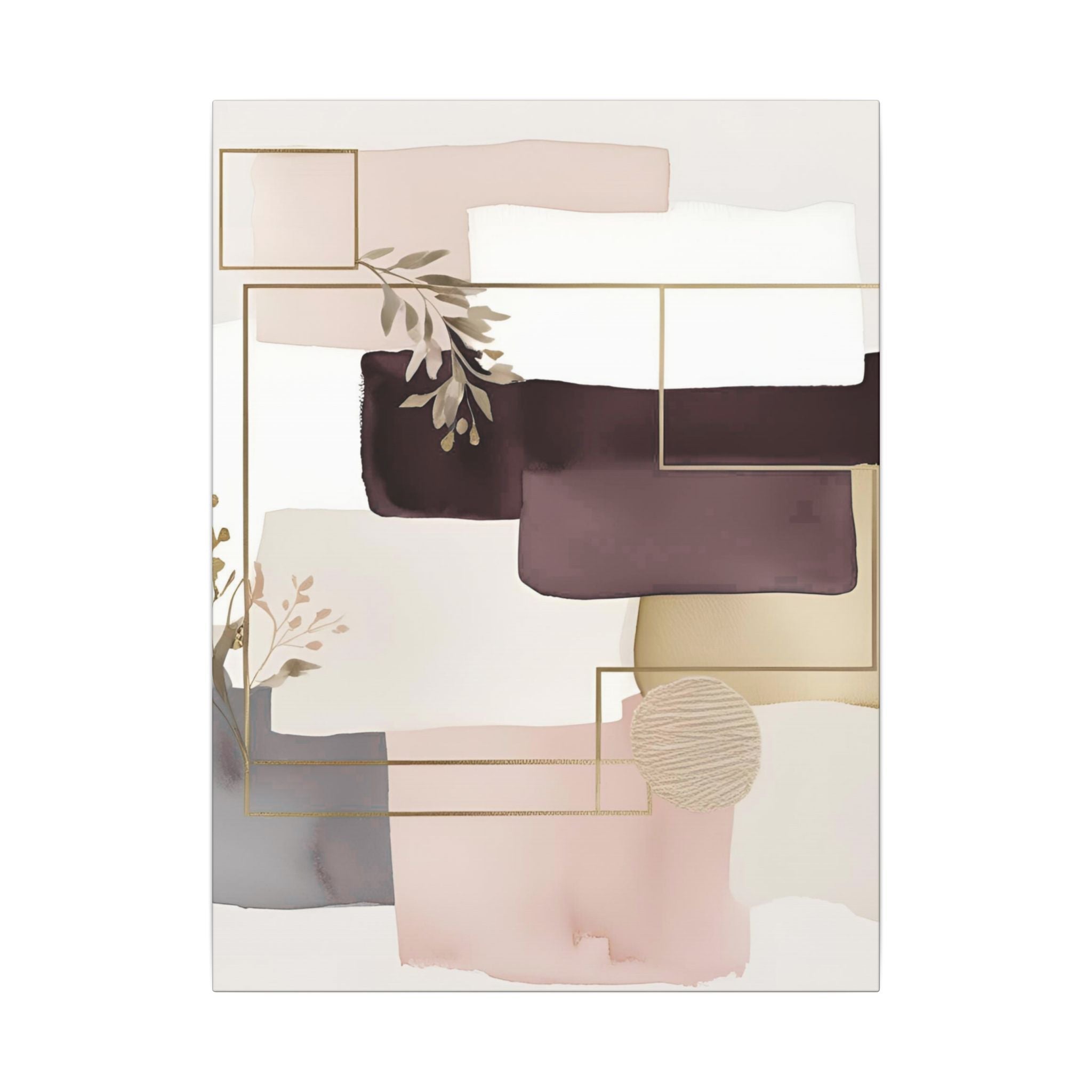 The image is a modern abstract art piece featuring a variety of shapes and colors, including shades of pink, white, and brown. The composition includes geometric shapes, organic elements, and a sense of depth and dimension.